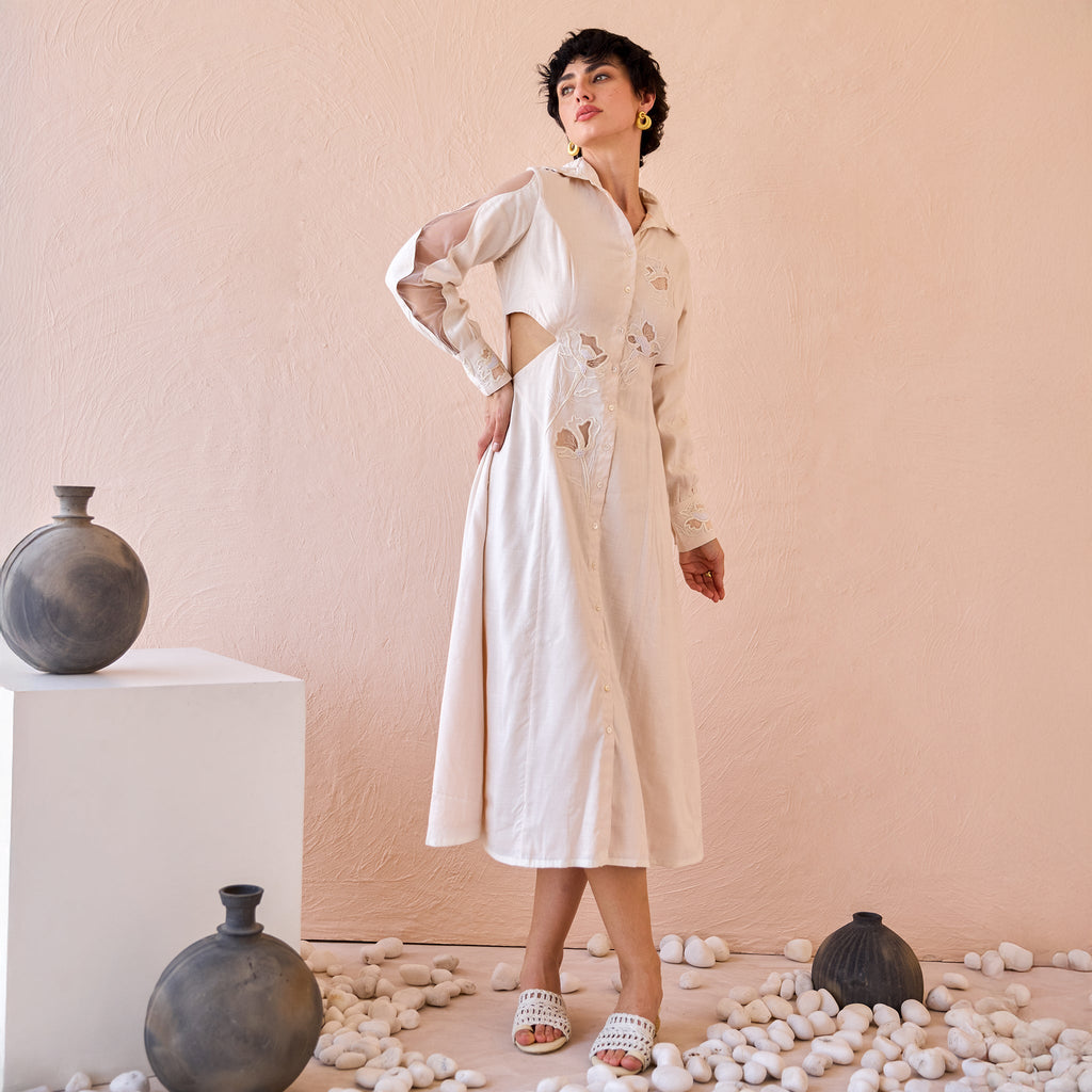 Floret Flicker by The Loom Art with Eco friendly, Fluer De Code by The Loom Art, Hand Embroidered, Ivory, Linen, Organic, Shirt Dresses at Kamakhyaa for sustainable fashion