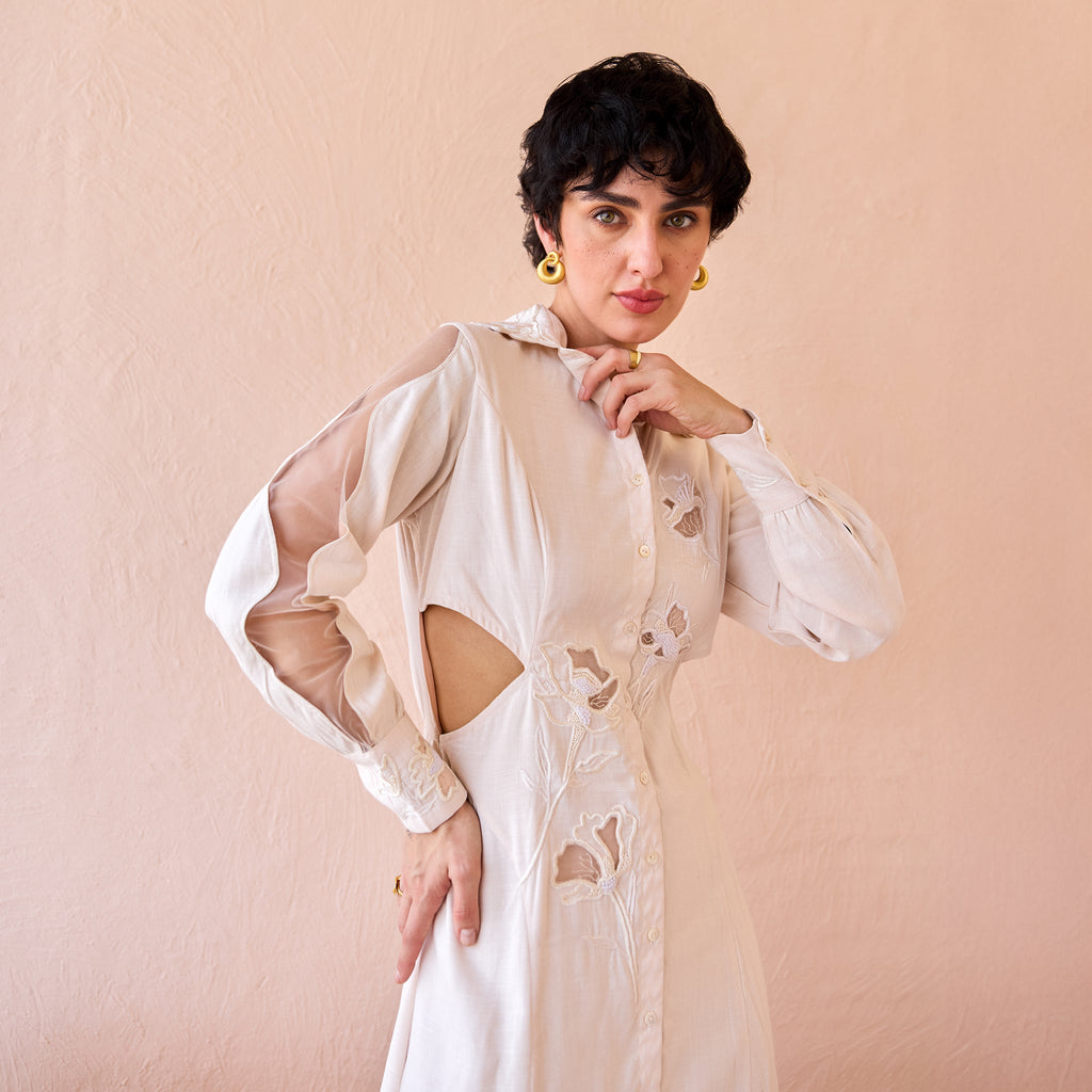 Floret Flicker by The Loom Art with Eco friendly, Fluer De Code by The Loom Art, Hand Embroidered, Ivory, Linen, Organic, Shirt Dresses at Kamakhyaa for sustainable fashion