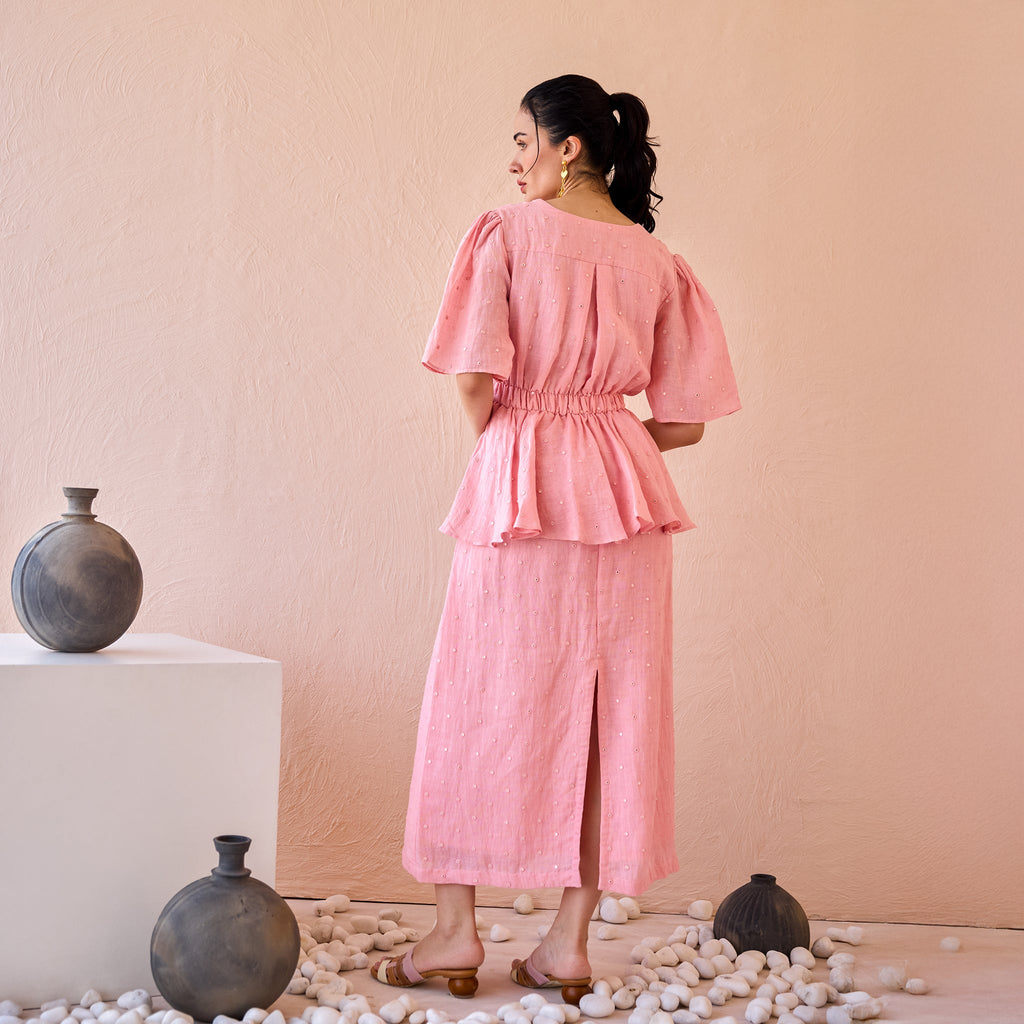 Mirror Mist by The Loom Art with Fluer De Code by The Loom Art, Linen, Mirror Work, Peplum Dresses, Pink at Kamakhyaa for sustainable fashion
