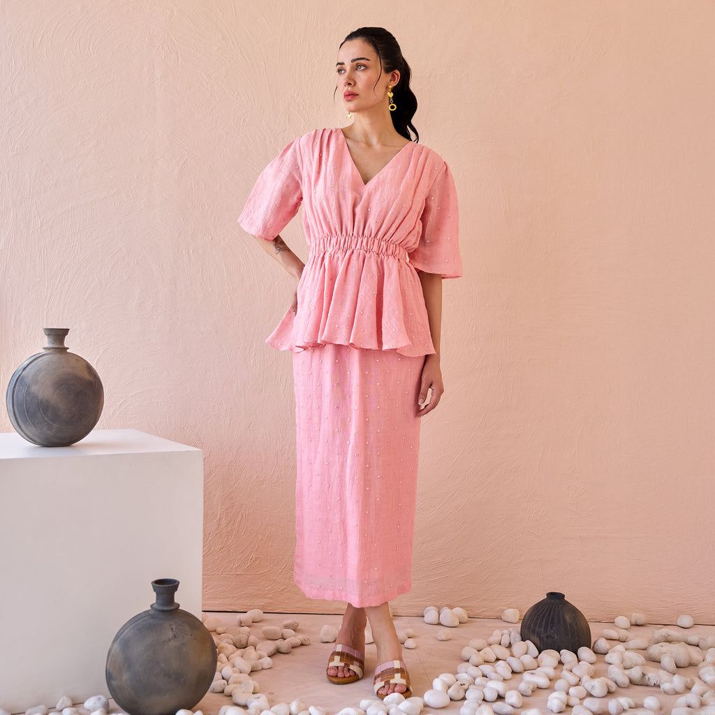 Mirror Mist by The Loom Art with Fluer De Code by The Loom Art, Linen, Mirror Work, Peplum Dresses, Pink at Kamakhyaa for sustainable fashion