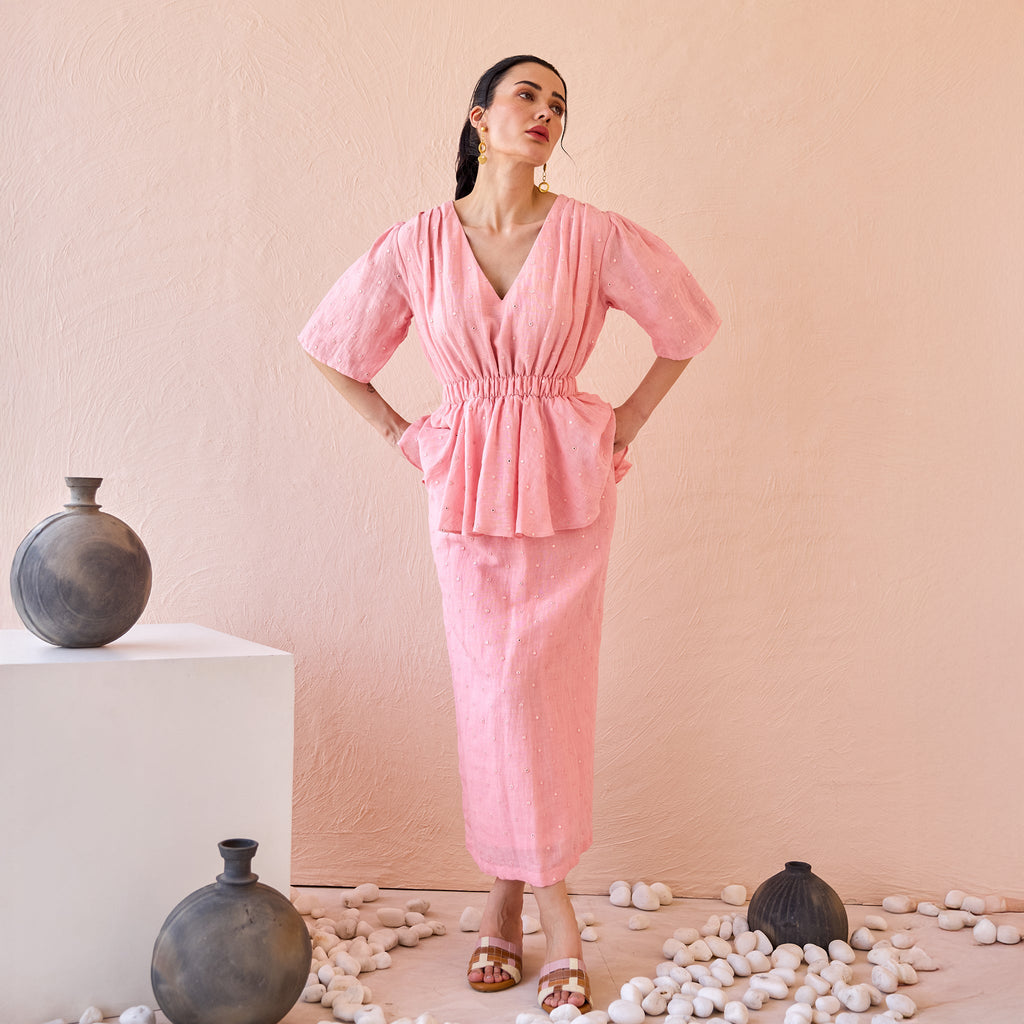 Mirror Mist by The Loom Art with Fluer De Code by The Loom Art, Linen, Mirror Work, Peplum Dresses, Pink at Kamakhyaa for sustainable fashion