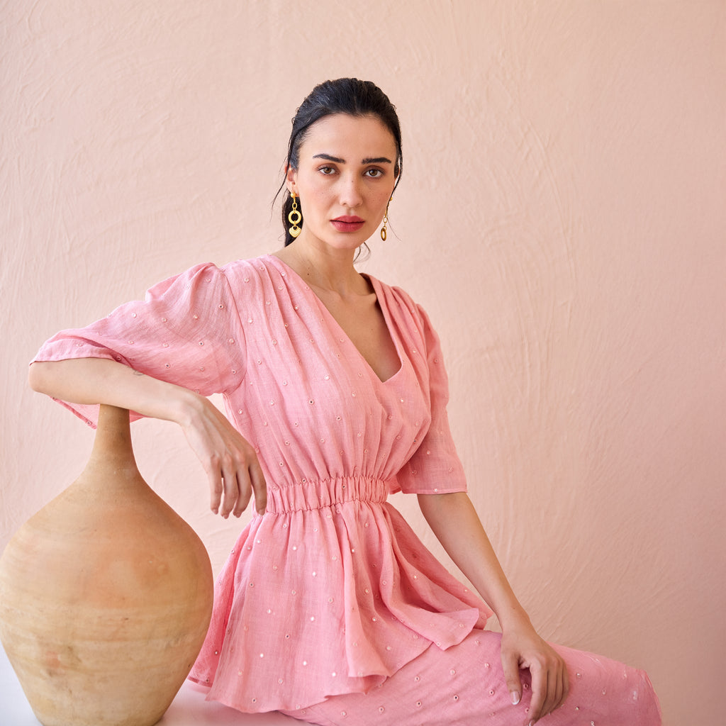 Mirror Mist by The Loom Art with Fluer De Code by The Loom Art, Linen, Mirror Work, Peplum Dresses, Pink at Kamakhyaa for sustainable fashion