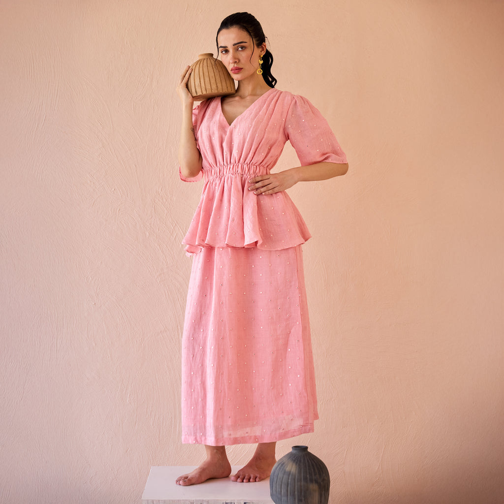 Mirror Mist by The Loom Art with Fluer De Code by The Loom Art, Linen, Mirror Work, Peplum Dresses, Pink at Kamakhyaa for sustainable fashion