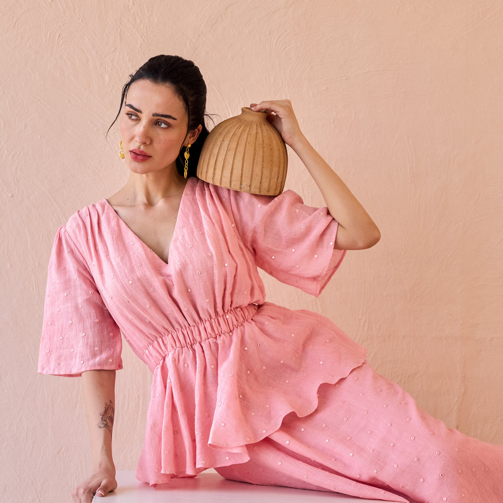 Mirror Mist by The Loom Art with Fluer De Code by The Loom Art, Linen, Mirror Work, Peplum Dresses, Pink at Kamakhyaa for sustainable fashion