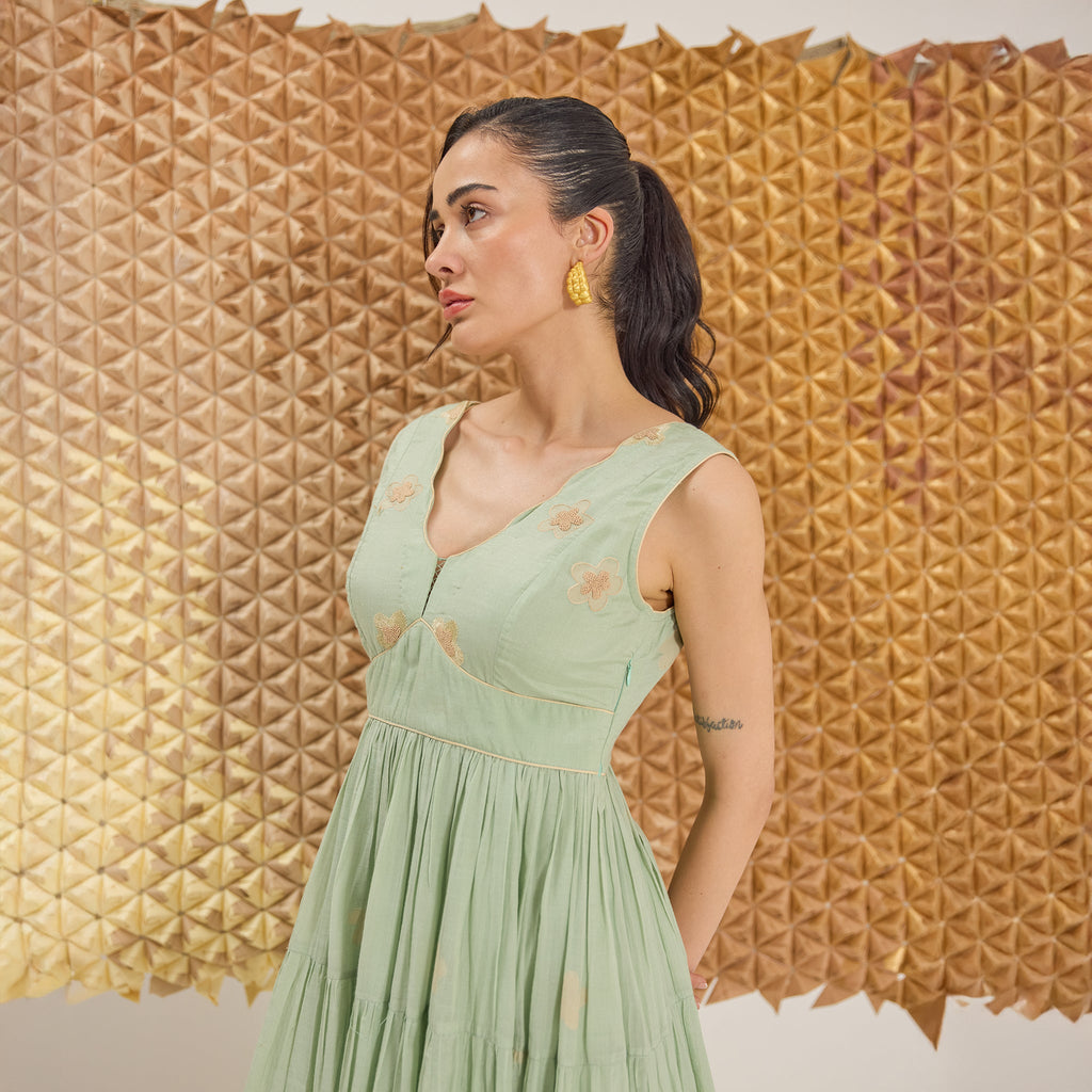 Mint Mellow by The Loom Art with Fluer De Code by The Loom Art, French Knots, Greent, Handwoven Cotton Silk at Kamakhyaa for sustainable fashion