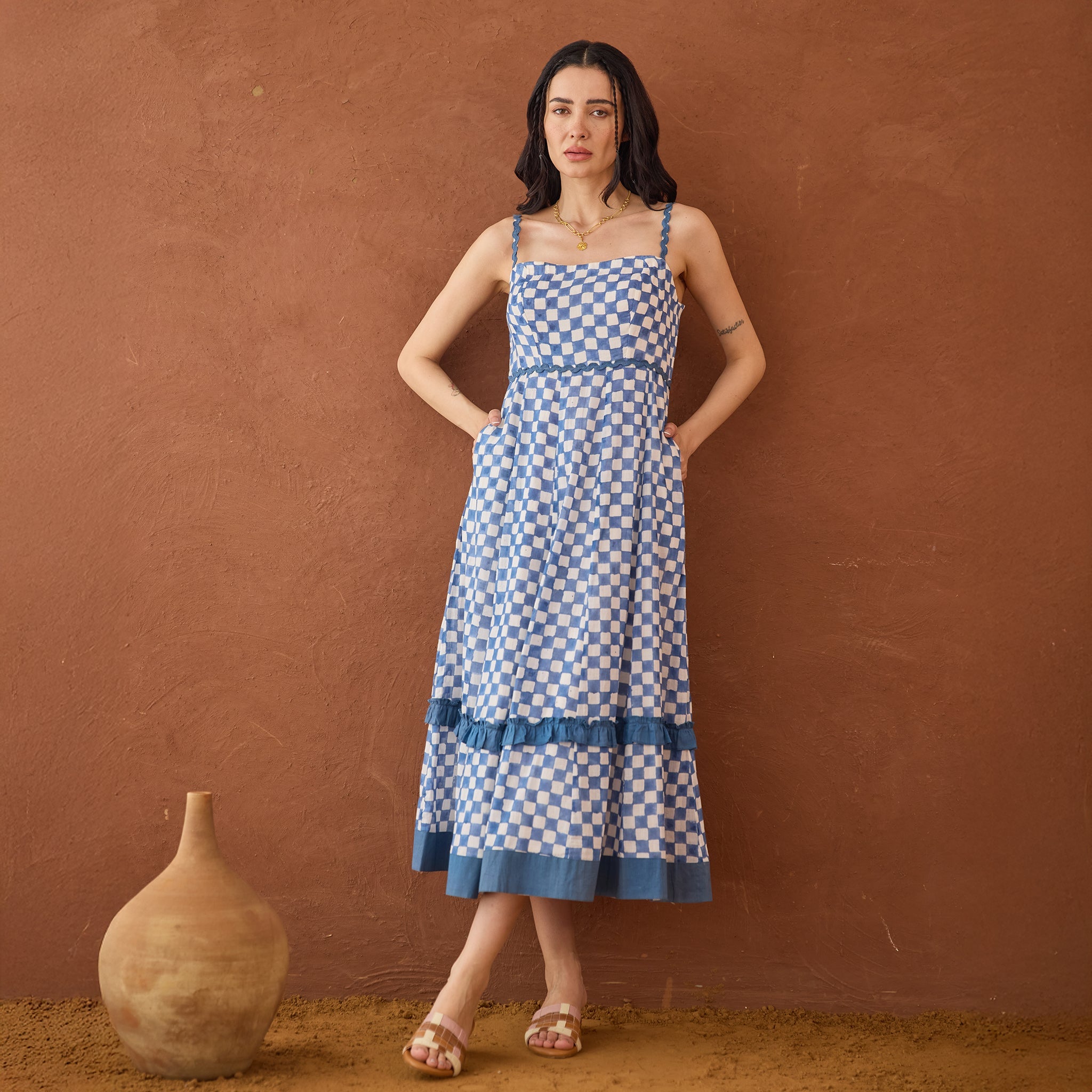 Gingham Sky by Taro with Artisan made, Cotton Mulmul, Whispers of Summer by Taro at Kamakhyaa for sustainable fashion
