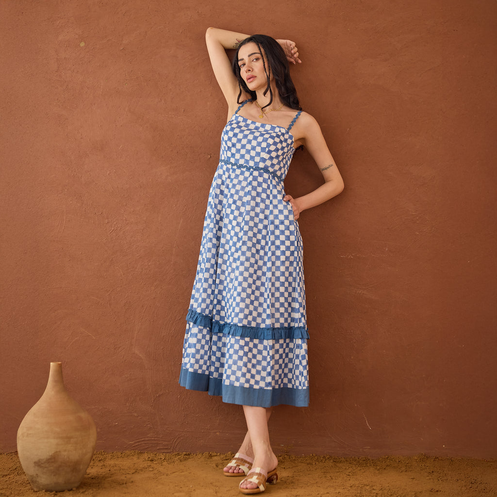 Gingham Sky by Taro with Artisan made, Cotton Mulmul, Whispers of Summer by Taro at Kamakhyaa for sustainable fashion