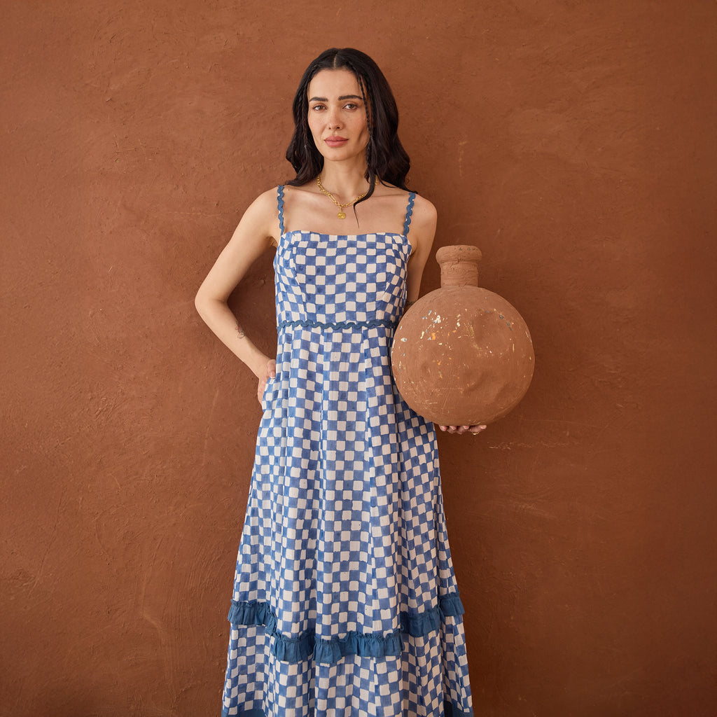 Gingham Sky by Taro with Artisan made, Cotton Mulmul, Whispers of Summer by Taro at Kamakhyaa for sustainable fashion