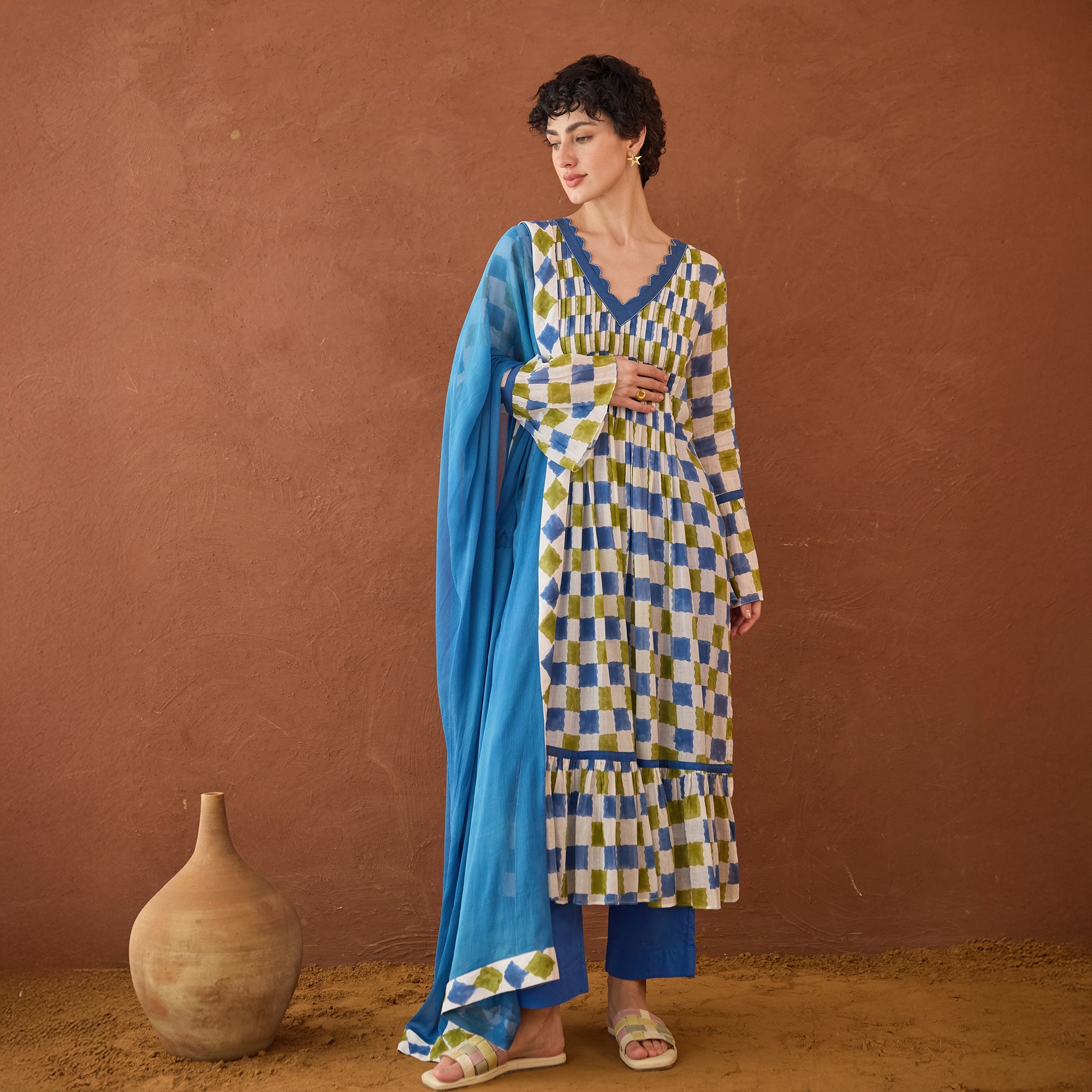 Cloudburst Plaid by Taro with Artisan made, Cotton Mulmul, Whispers of Summer by Taro at Kamakhyaa for sustainable fashion