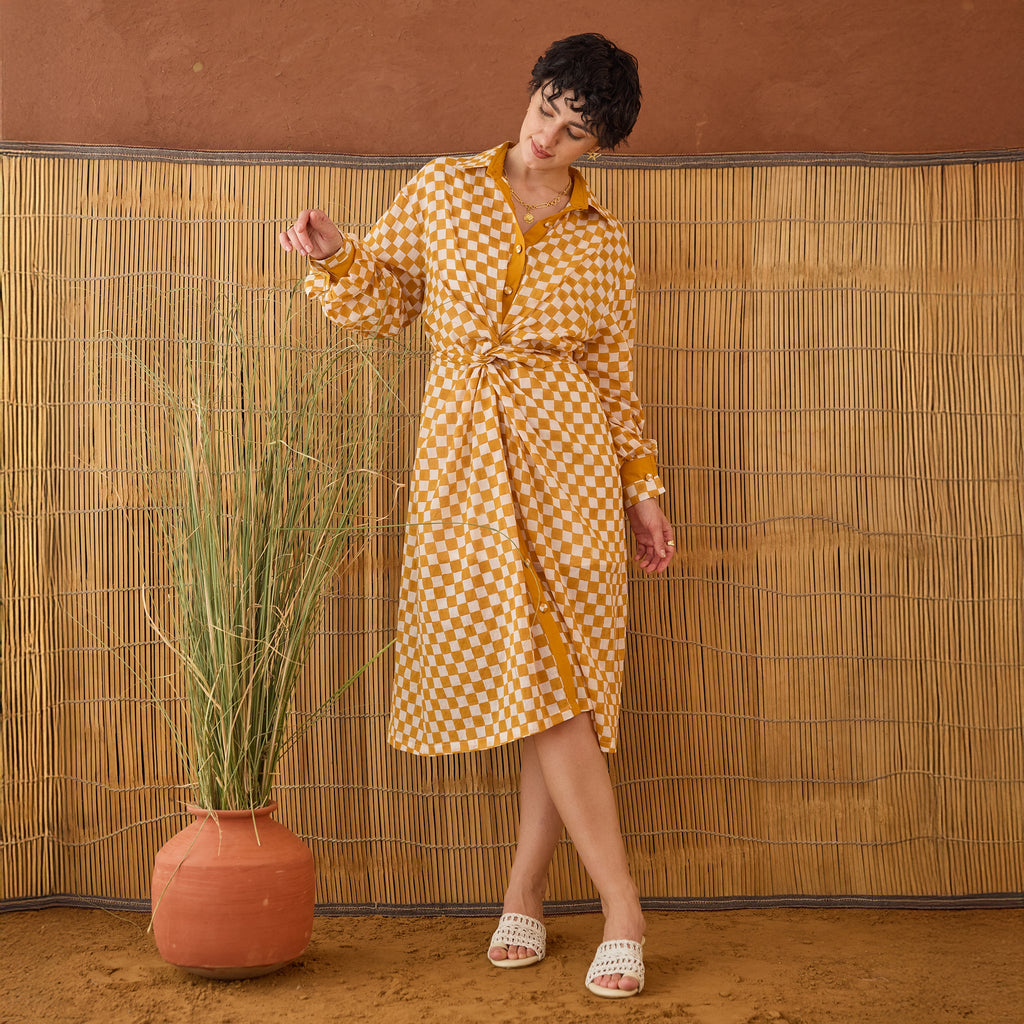 Golden Hour Gingham by Taro with Artisan made, Cotton Mulmul, Whispers of Summer by Taro at Kamakhyaa for sustainable fashion