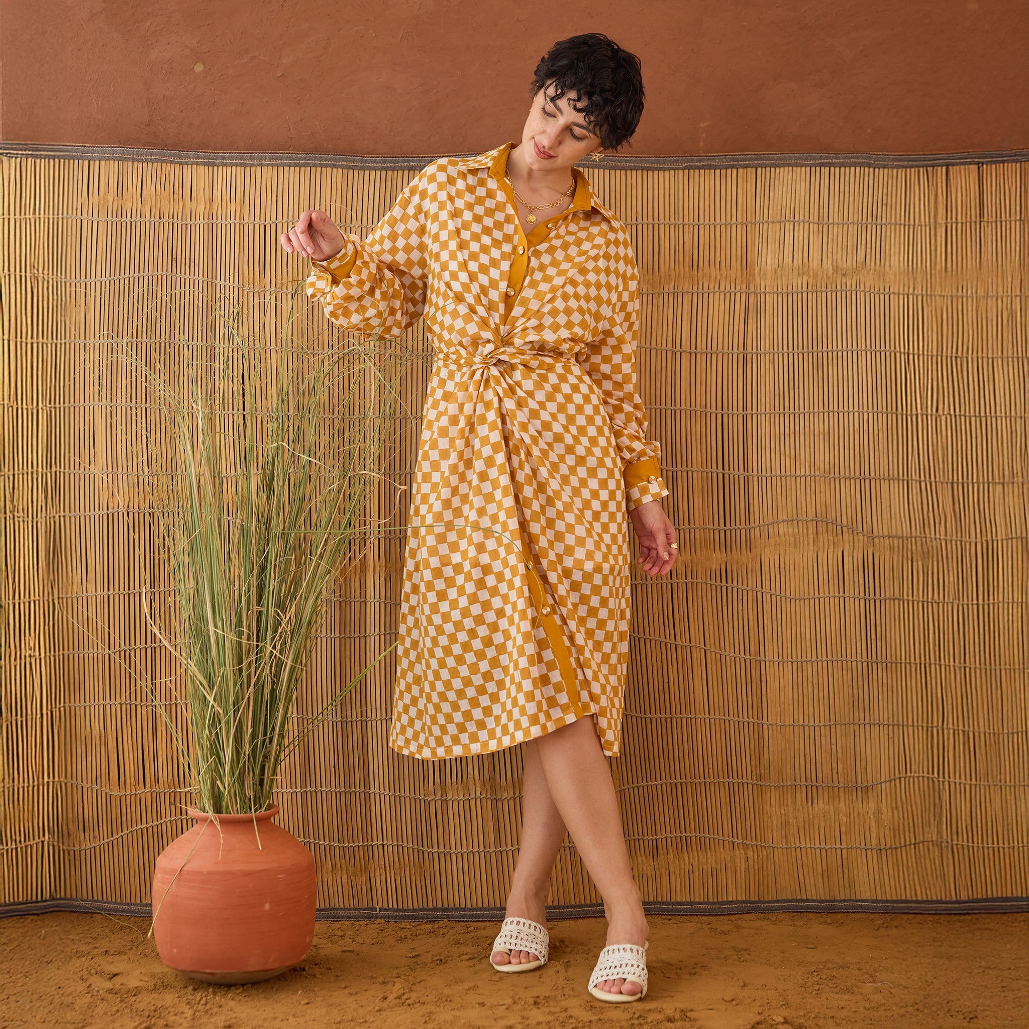 Golden Hour Gingham by Taro with Artisan made, Cotton Mulmul, Whispers of Summer by Taro at Kamakhyaa for sustainable fashion