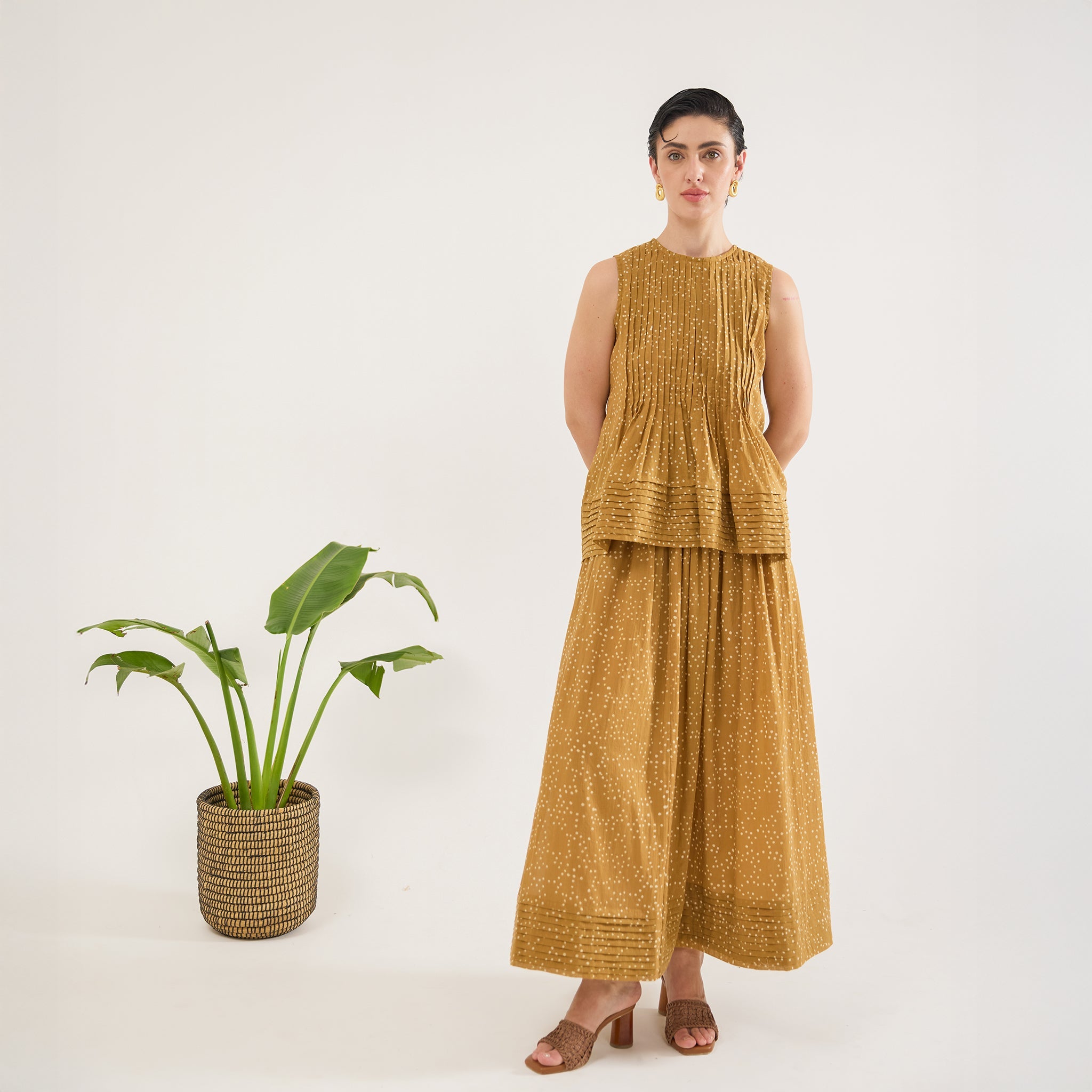 Mustard Mirage Skirt by Taro with Artisan made, Cotton Mulmul, Whispers of Summer by Taro at Kamakhyaa for sustainable fashion
