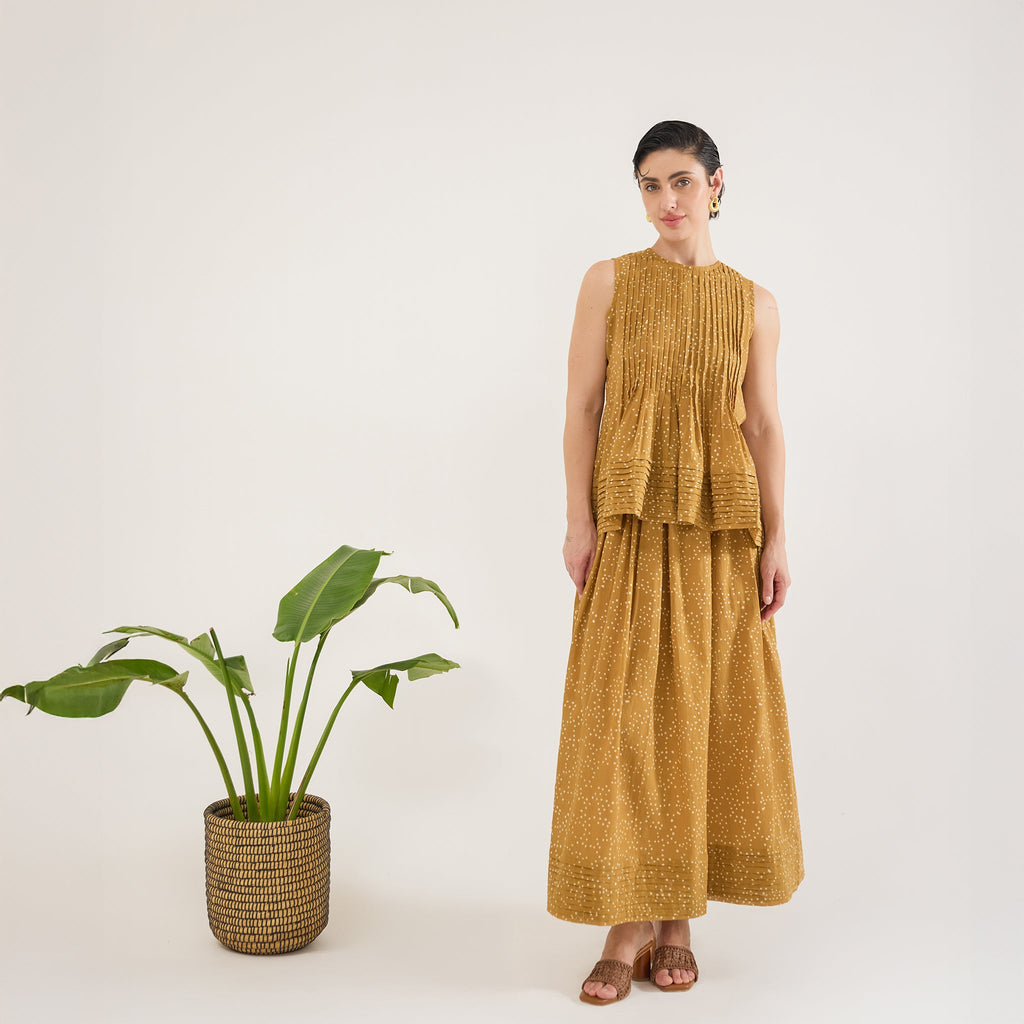 Mustard Mirage Top by Taro with Artisan made, Cotton Mulmul, Whispers of Summer by Taro at Kamakhyaa for sustainable fashion