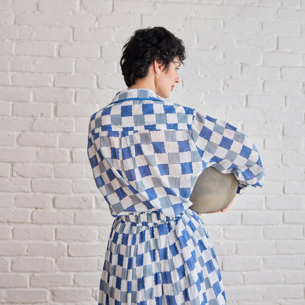 Blue Pixel Shirt by Taro with Artisan made, Cotton Mulmul, Whispers of Summer by Taro at Kamakhyaa for sustainable fashion