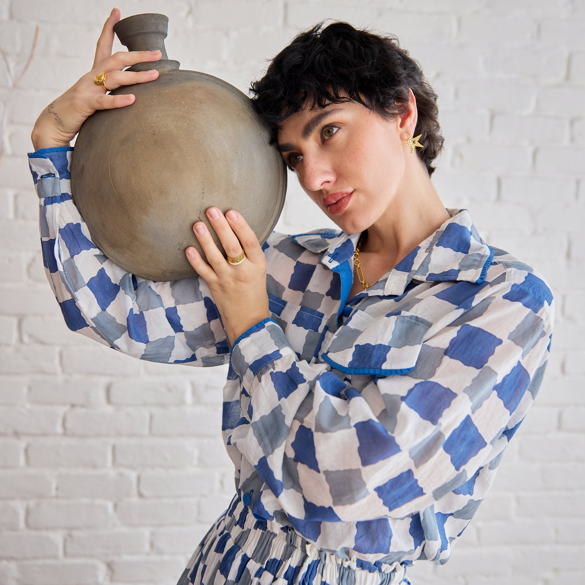 Blue Pixel Co-ord by Taro with Artisan made, Cotton Mulmul, Whispers of Summer by Taro at Kamakhyaa for sustainable fashion