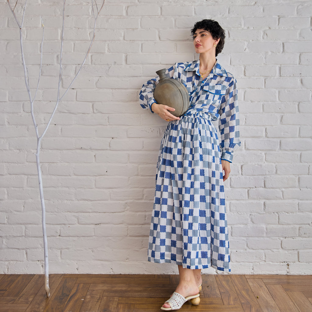 Blue Pixel Co-ord by Taro with Artisan made, Cotton Mulmul, Whispers of Summer by Taro at Kamakhyaa for sustainable fashion