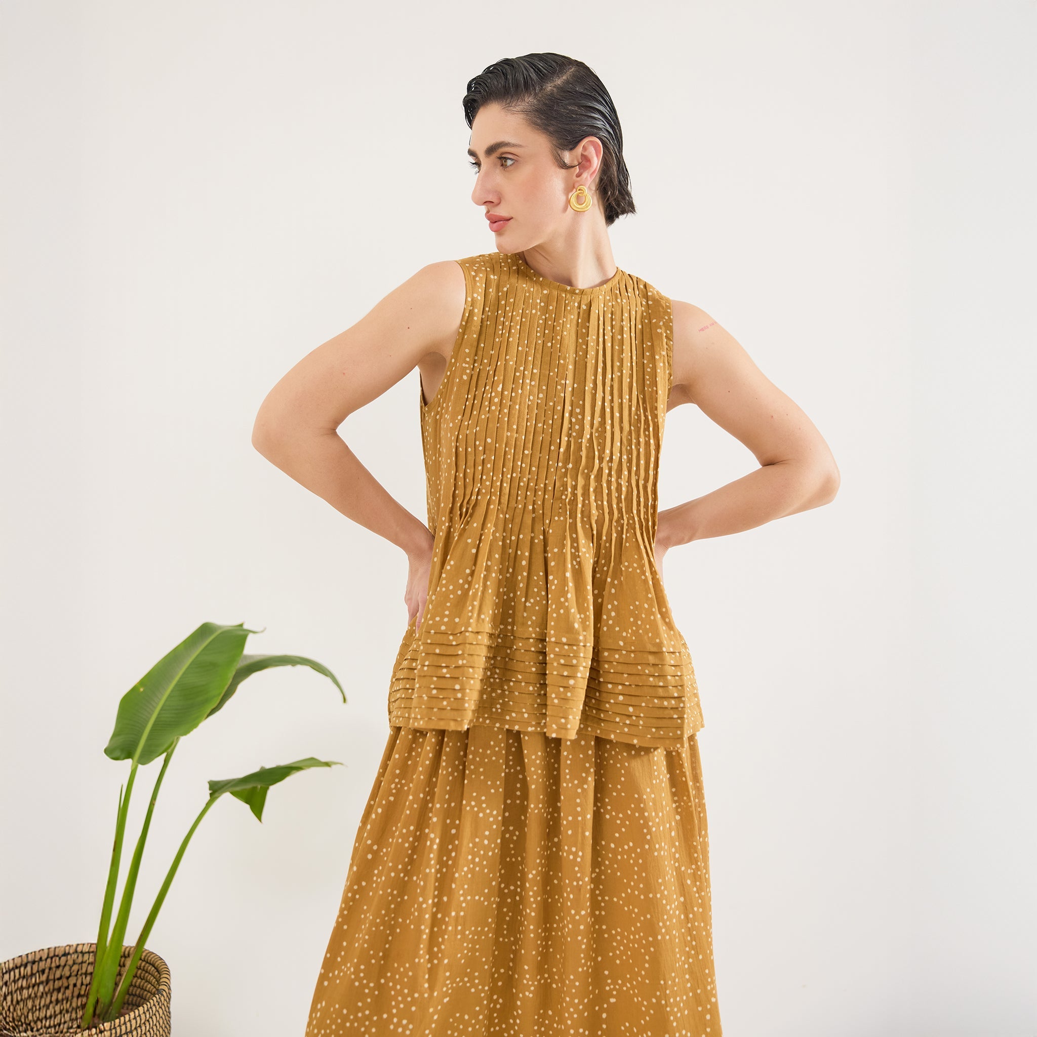 Mustard Mirage Top by Taro with Artisan made, Cotton Mulmul, Whispers of Summer by Taro at Kamakhyaa for sustainable fashion