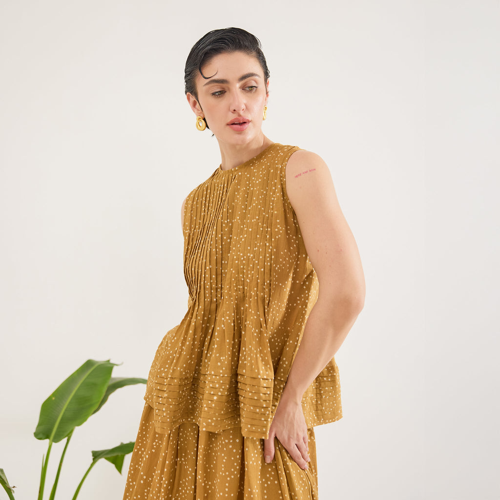 Mustard Mirage Top by Taro with Artisan made, Cotton Mulmul, Whispers of Summer by Taro at Kamakhyaa for sustainable fashion