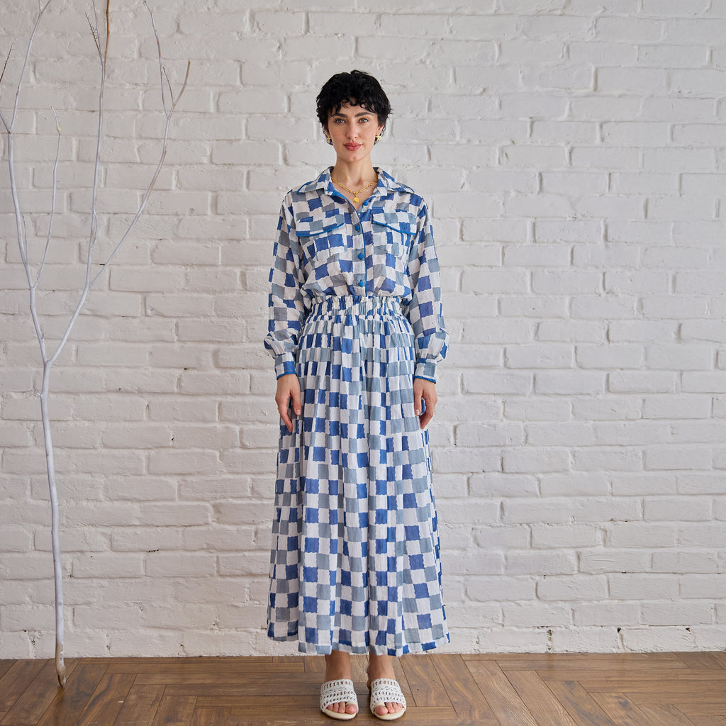 Blue Pixel Co-ord by Taro with Artisan made, Cotton Mulmul, Whispers of Summer by Taro at Kamakhyaa for sustainable fashion