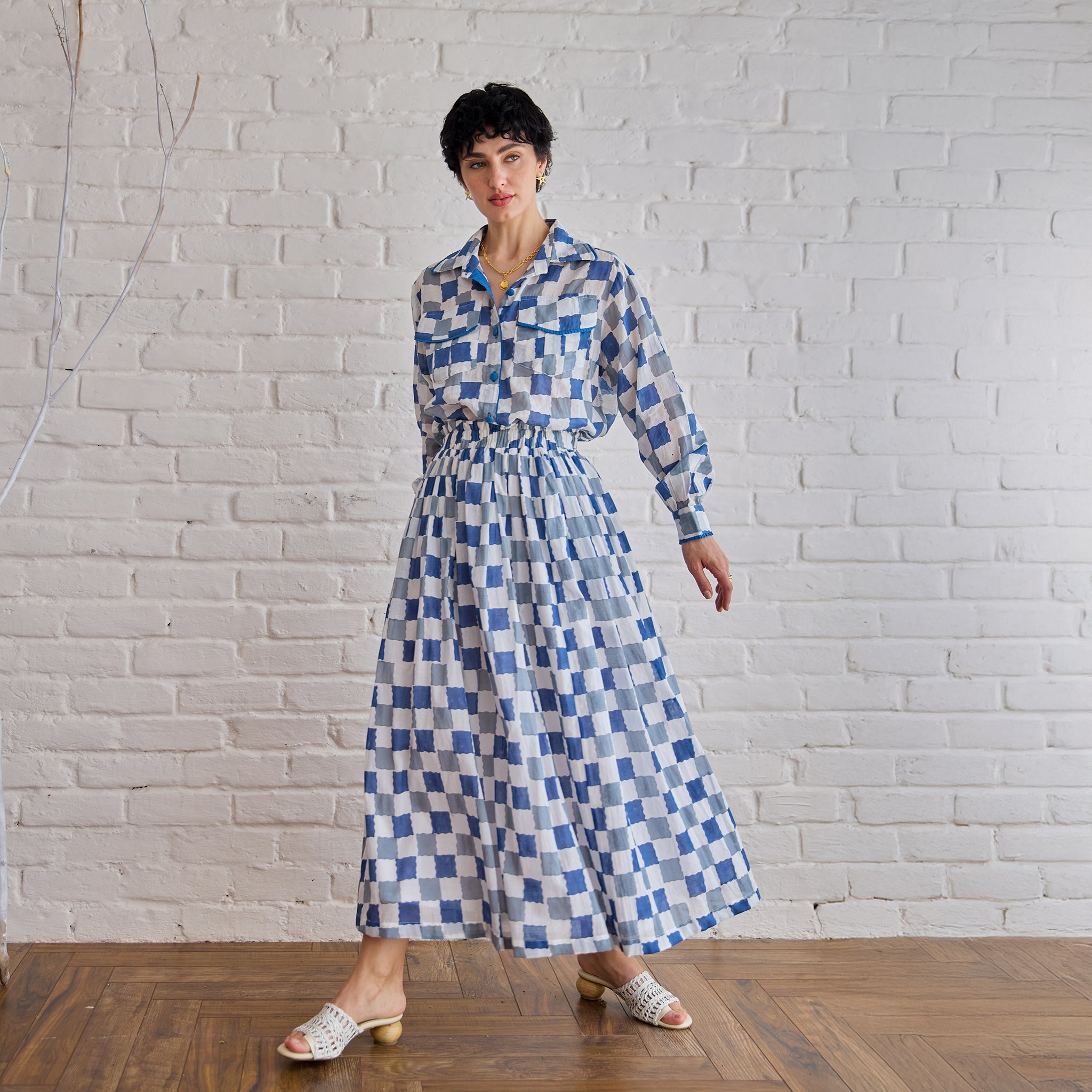 Blue Pixel Co-ord by Taro with Artisan made, Cotton Mulmul, Whispers of Summer by Taro at Kamakhyaa for sustainable fashion