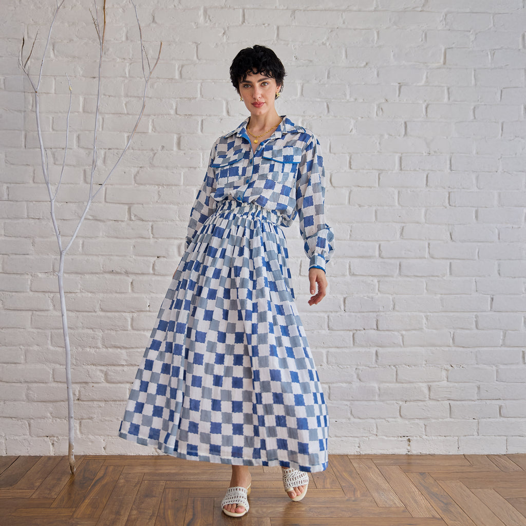 Blue Pixel Skirt by Taro with Artisan made, Cotton Mulmul, Whispers of Summer by Taro at Kamakhyaa for sustainable fashion