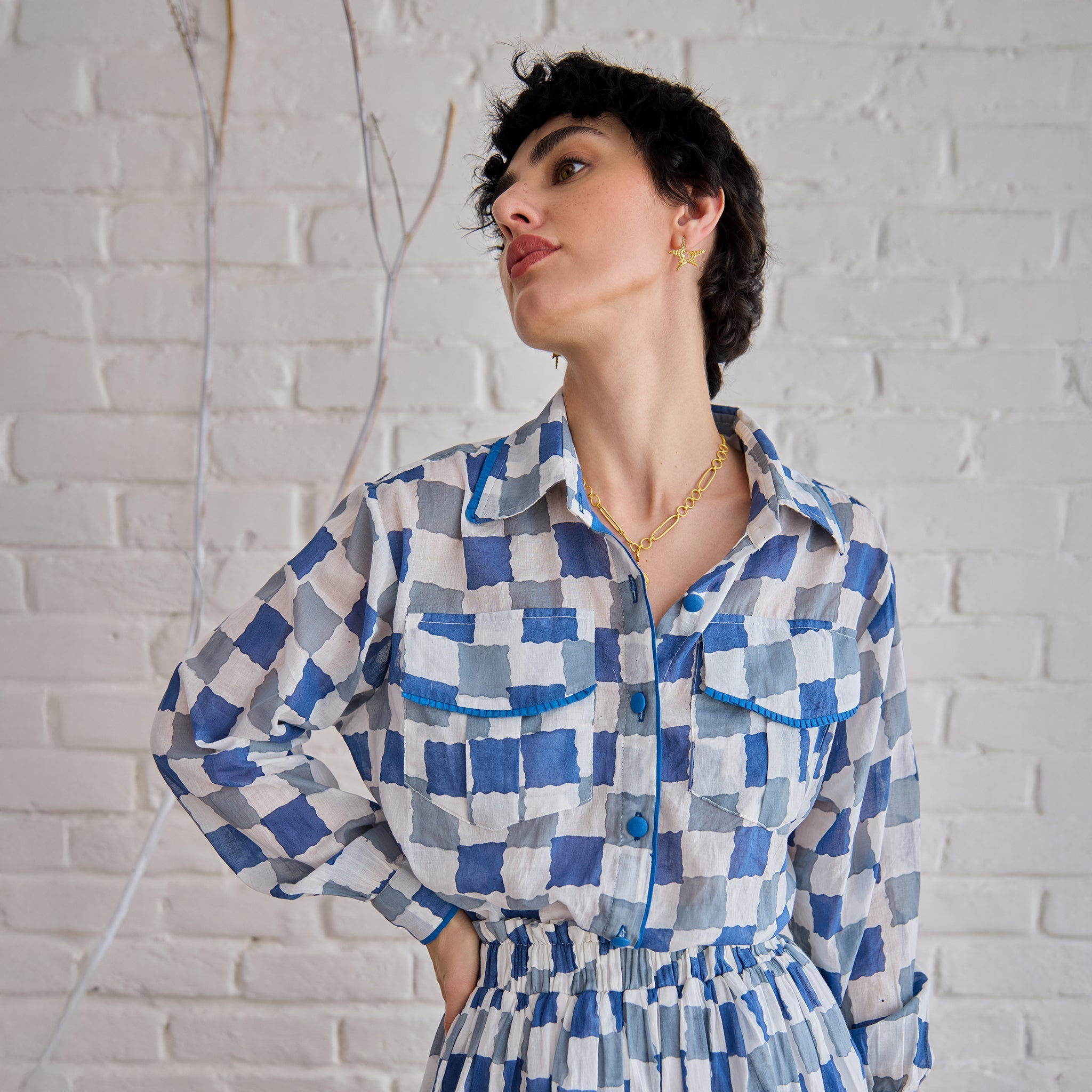 Blue Pixel Shirt by Taro with Artisan made, Cotton Mulmul, Whispers of Summer by Taro at Kamakhyaa for sustainable fashion