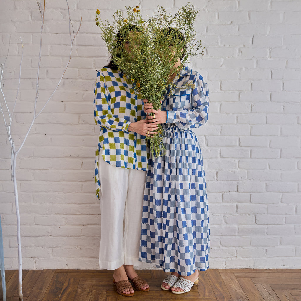 Blue Pixel Skirt by Taro with Artisan made, Cotton Mulmul, Whispers of Summer by Taro at Kamakhyaa for sustainable fashion