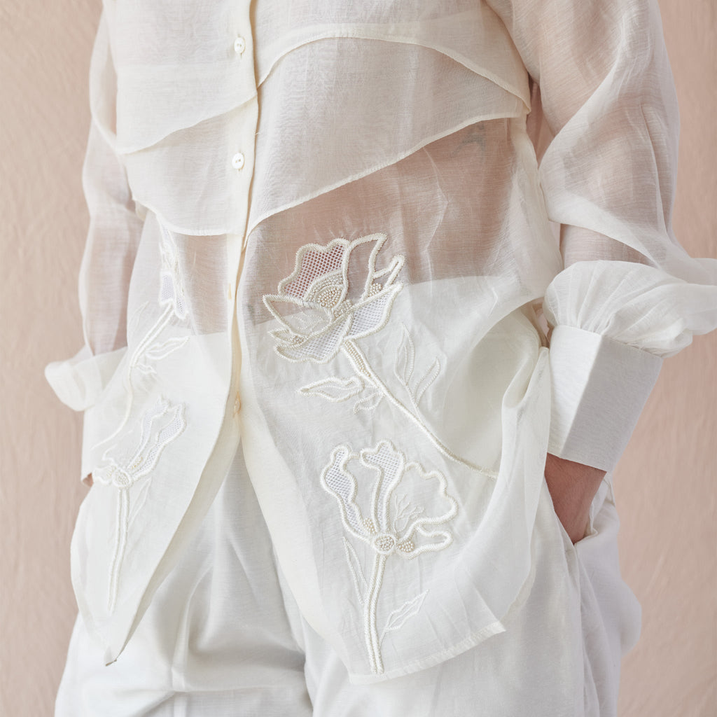 Moon Ripple by The Loom Art with Chanderi, Fluer De Code by The Loom Art, Hand Embroidered, White at Kamakhyaa for sustainable fashion