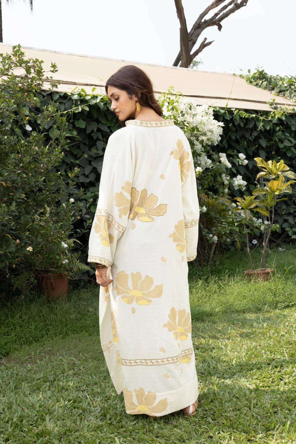 Oversized V-Neck Kaftan with Border Detail by Kamakhyaa India with Cosmos by Akashi Clothing, Internal Tags Missing at Kamakhyaa India for sustainable fashion