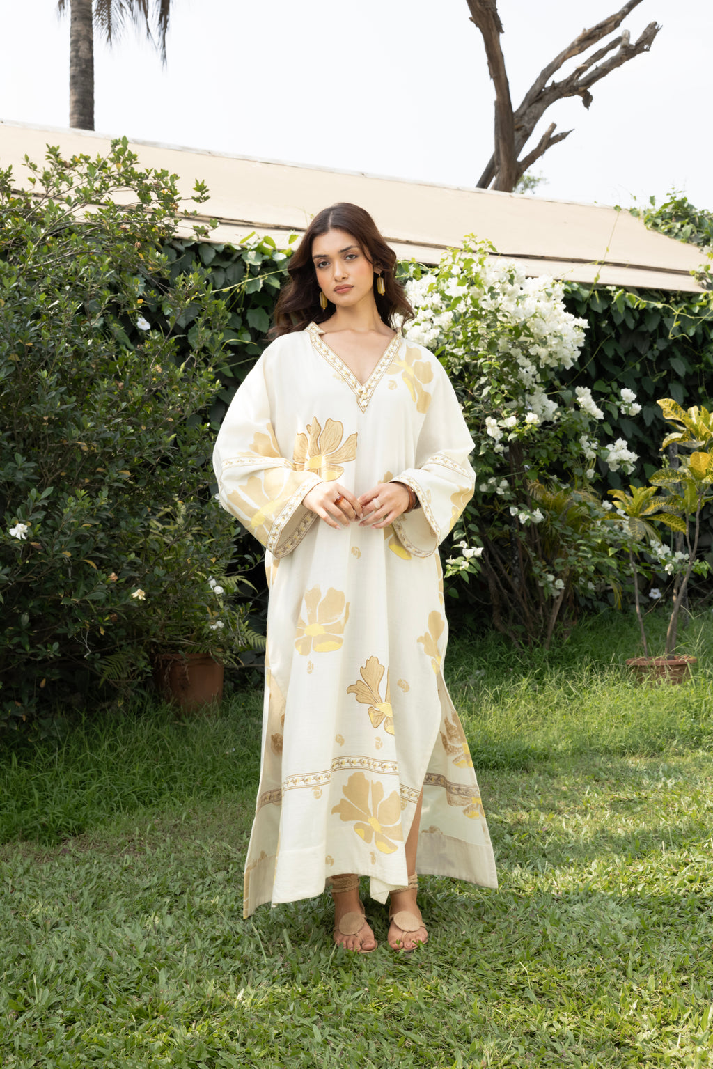 Oversized V-Neck Kaftan with Border Detail by Kamakhyaa India with Cosmos by Akashi Clothing, Internal Tags Missing at Kamakhyaa India for sustainable fashion