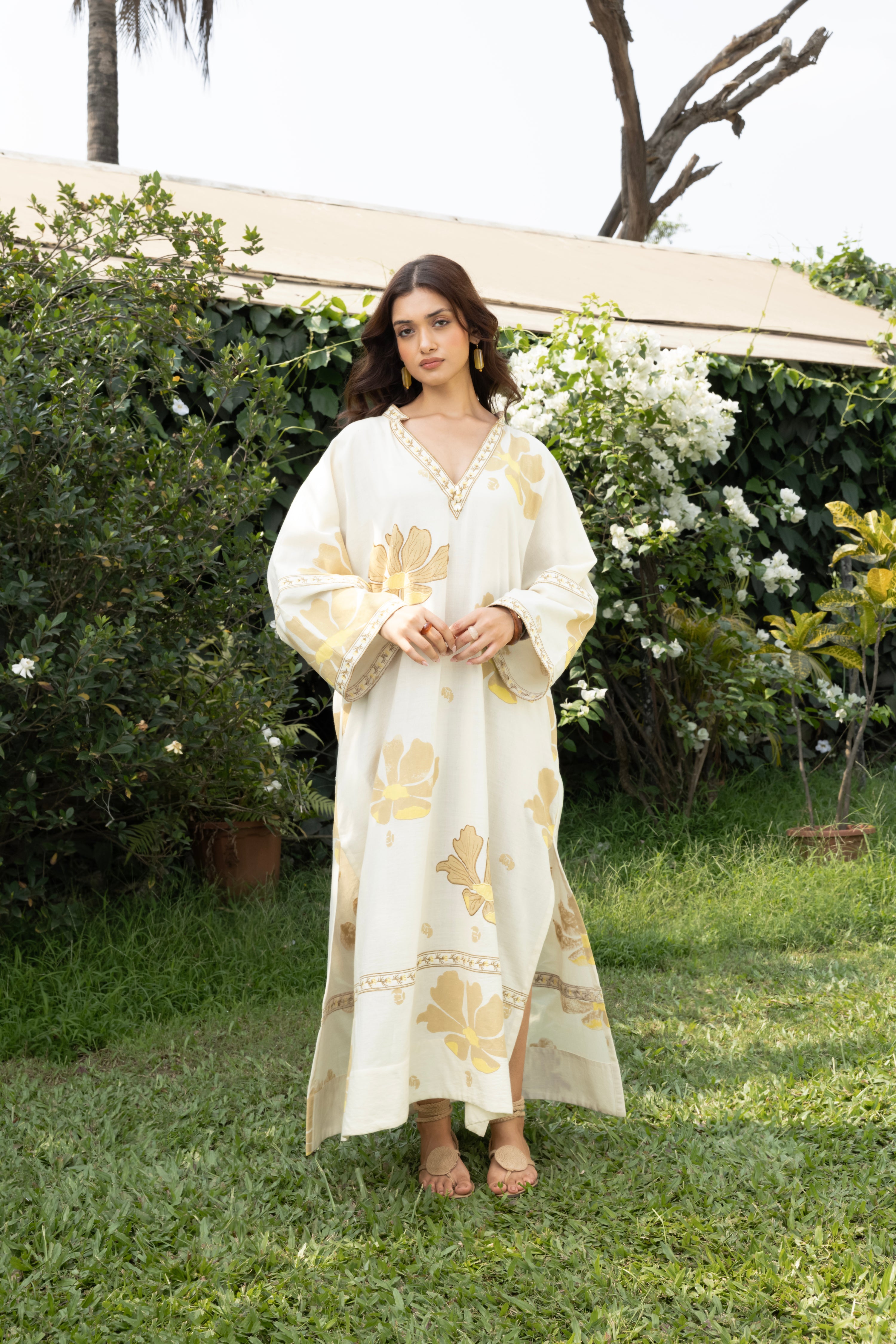 Oversized V-Neck Kaftan with Border Detail by Kamakhyaa India with Cosmos by Akashi Clothing, Internal Tags Missing at Kamakhyaa India for sustainable fashion