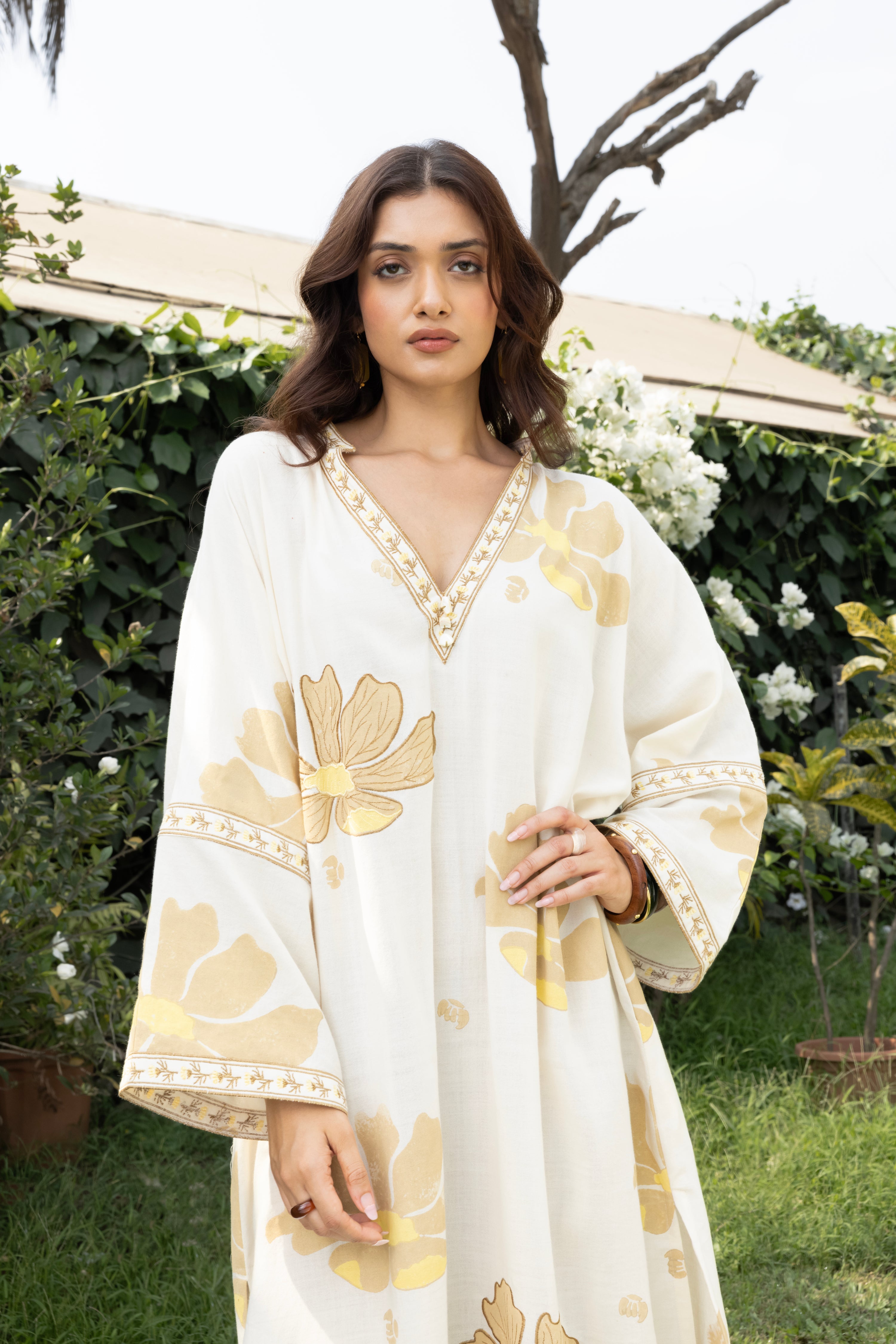 Oversized V-Neck Kaftan with Border Detail by Kamakhyaa India with Cosmos by Akashi Clothing, Internal Tags Missing at Kamakhyaa India for sustainable fashion