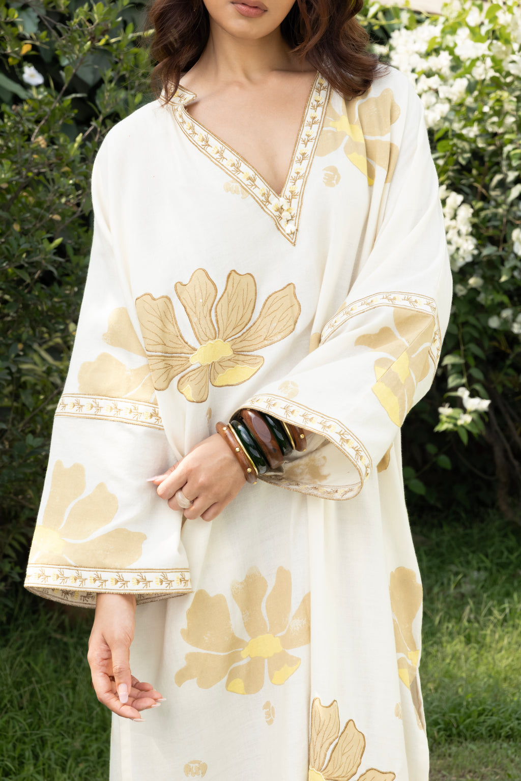 Oversized V-Neck Kaftan with Border Detail by Kamakhyaa India with Cosmos by Akashi Clothing, Internal Tags Missing at Kamakhyaa India for sustainable fashion