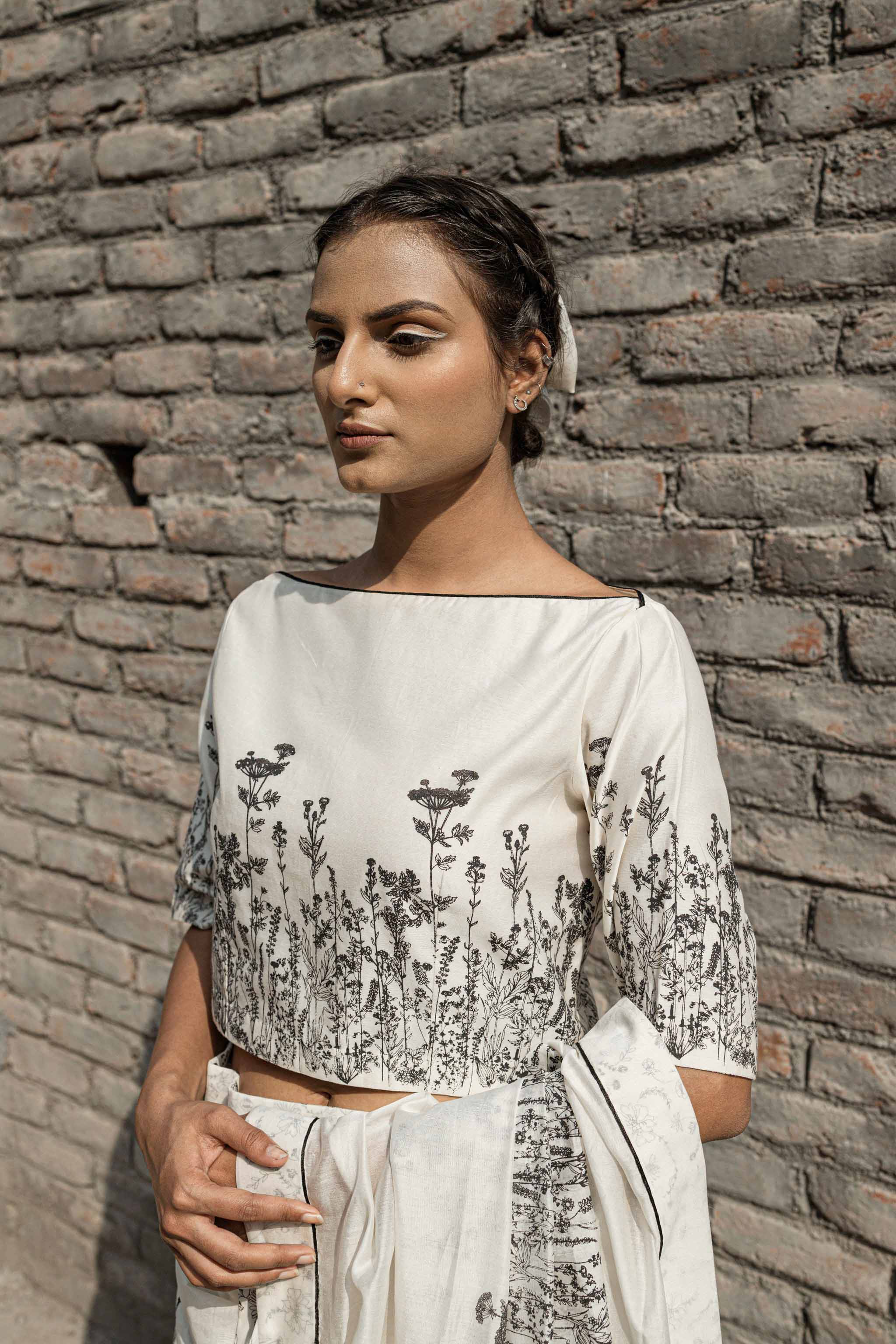 White Boat Neck Top by Ahmev with Boxy Fit, Casual Wear, Chanderi, Crop Tops, Ink And Ivory by Ahmev, Prints, White, Womenswear at Kamakhyaa for sustainable fashion