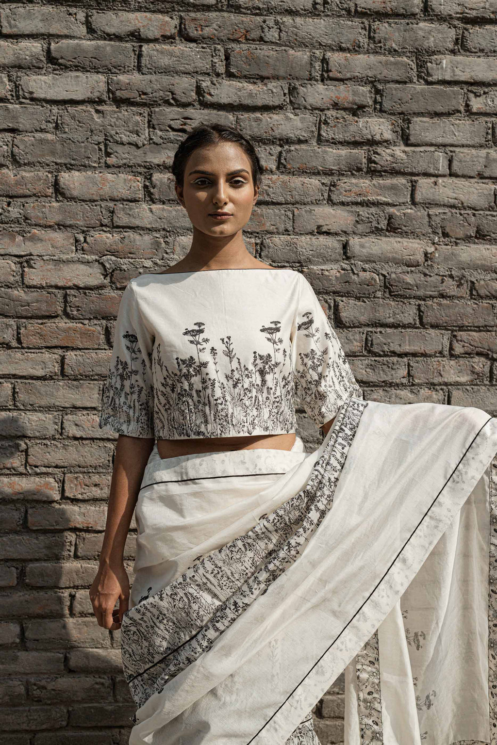 White Boat Neck Top by Ahmev with Boxy Fit, Casual Wear, Chanderi, Crop Tops, Ink And Ivory by Ahmev, Prints, White, Womenswear at Kamakhyaa for sustainable fashion