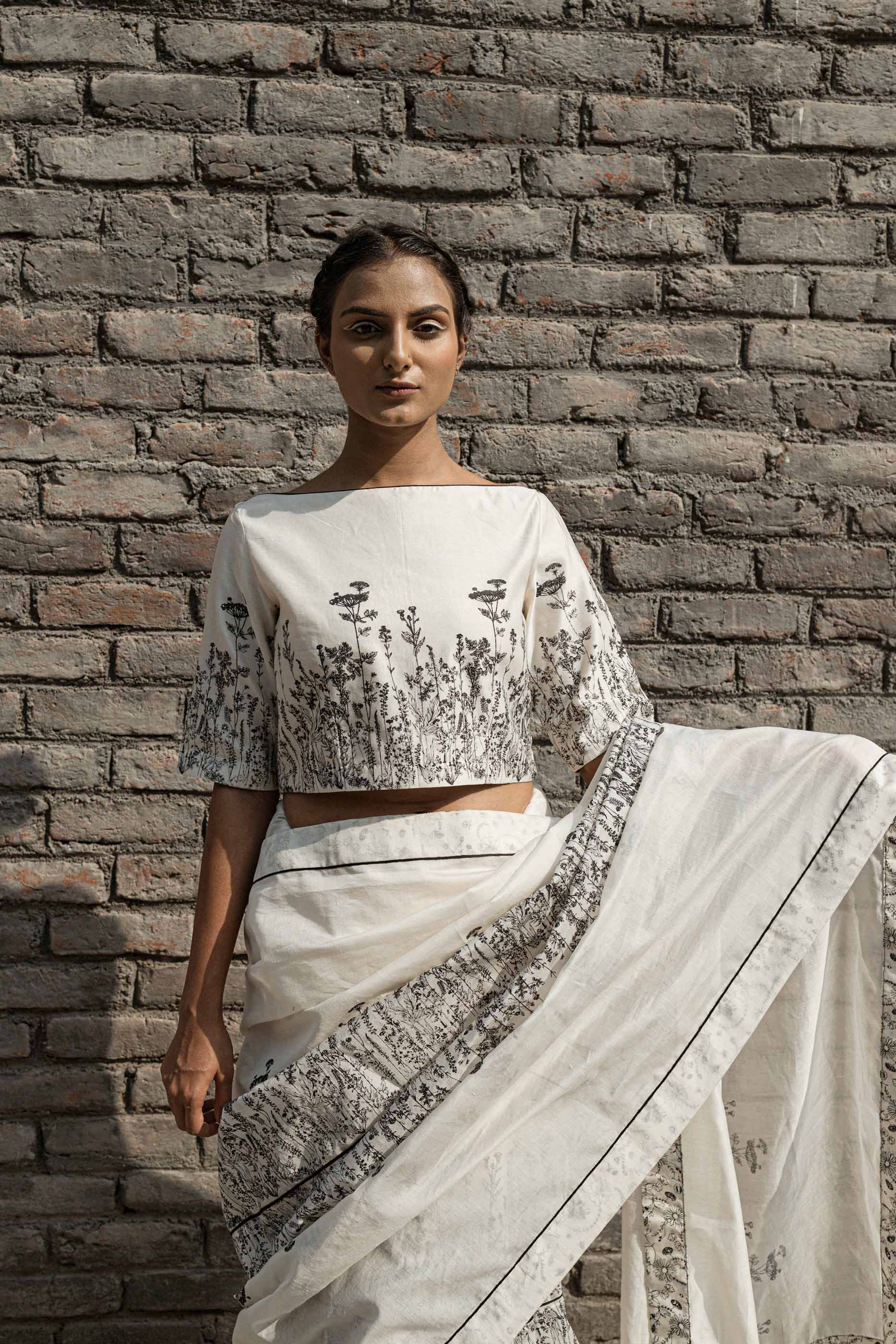 White Boat Neck Top by Ahmev with Boxy Fit, Casual Wear, Chanderi, Crop Tops, Ink And Ivory by Ahmev, Prints, White, Womenswear at Kamakhyaa for sustainable fashion