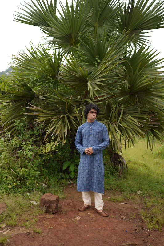 White Butta Printed Kurta for Men by Hasttvam with Blue, Cotton, Festive Wear, Floral, Handmade by Artisans, Indigo, Natural Dye, Rakhi Special, Rang by Hasttvam, Relaxed Fit, Responsible production and Vegan at Kamakhyaa for sustainable fashion