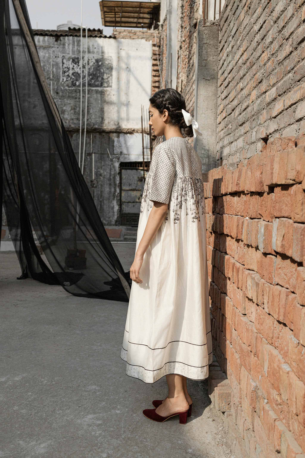 White Chanderi Maxi Dress by Ahmev with Casual Wear, Chanderi, FB ADS JUNE, Ink And Ivory by Ahmev, Maxi Dresses, Prints, Relaxed Fit, White, Womenswear at Kamakhyaa for sustainable fashion