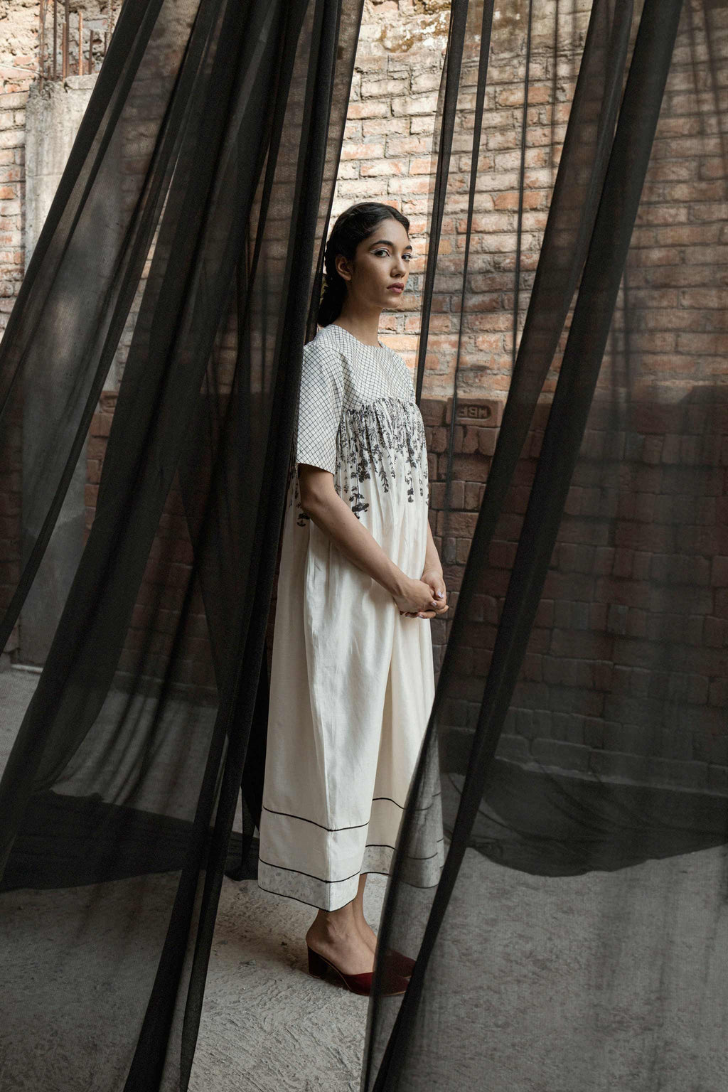 White Chanderi Maxi Dress by Ahmev with Casual Wear, Chanderi, FB ADS JUNE, Ink And Ivory by Ahmev, Maxi Dresses, Prints, Relaxed Fit, White, Womenswear at Kamakhyaa for sustainable fashion
