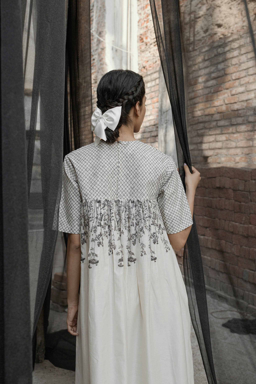 White Chanderi Maxi Dress by Ahmev with Casual Wear, Chanderi, FB ADS JUNE, Ink And Ivory by Ahmev, Maxi Dresses, Prints, Relaxed Fit, White, Womenswear at Kamakhyaa for sustainable fashion