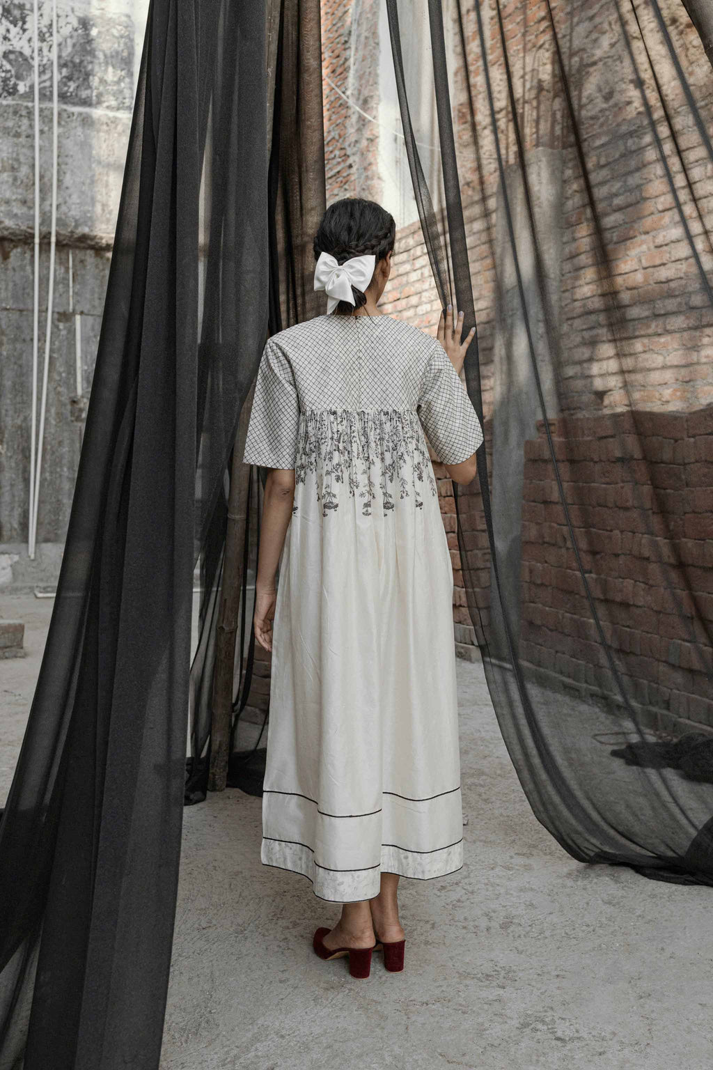 White Chanderi Maxi Dress by Ahmev with Casual Wear, Chanderi, FB ADS JUNE, Ink And Ivory by Ahmev, Maxi Dresses, Prints, Relaxed Fit, White, Womenswear at Kamakhyaa for sustainable fashion