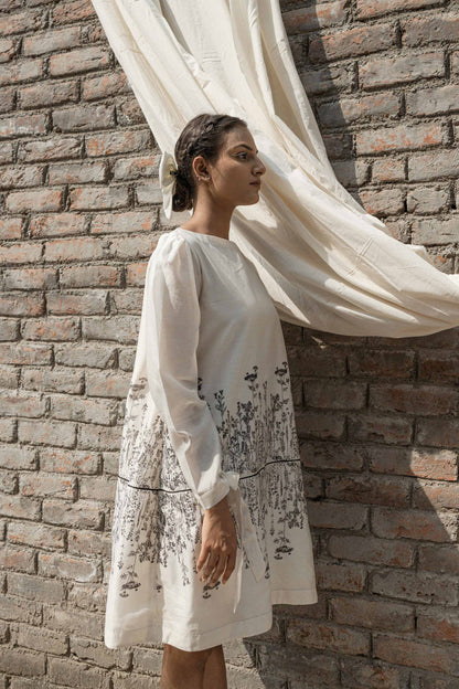 White Chanderi Mini Dress by Ahmev with Best Selling, Casual Wear, Chanderi, FB ADS JUNE, Ink And Ivory by Ahmev, Mini Dresses, Prints, Relaxed Fit, White, Womenswear at Kamakhyaa for sustainable fashion