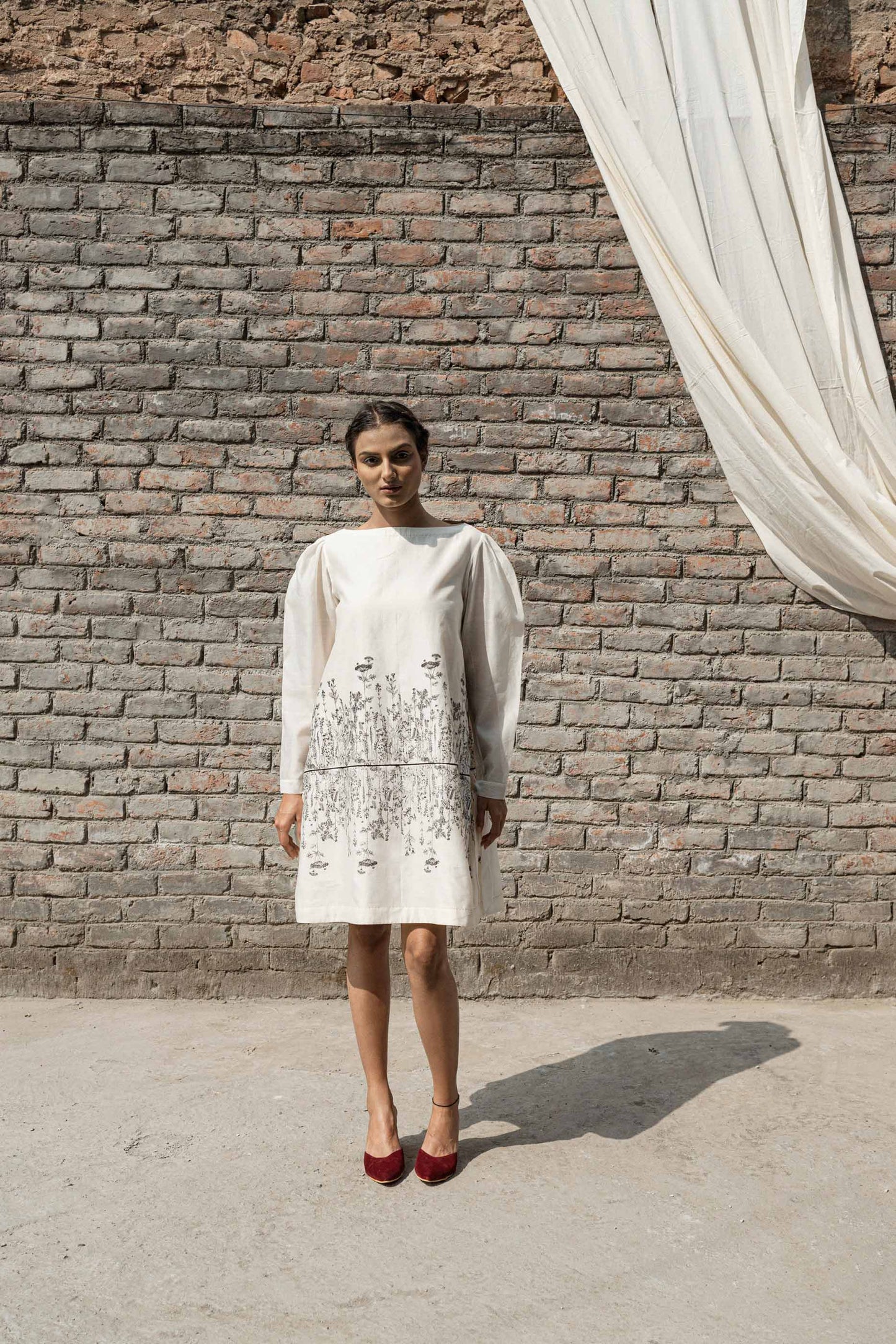 White Chanderi Mini Dress by Ahmev with Best Selling, Casual Wear, Chanderi, FB ADS JUNE, Ink And Ivory by Ahmev, Mini Dresses, Prints, Relaxed Fit, White, Womenswear at Kamakhyaa for sustainable fashion