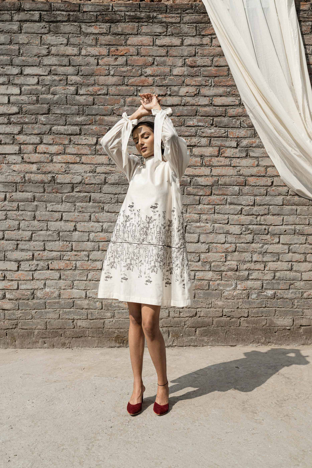 White Chanderi Mini Dress by Ahmev with Best Selling, Casual Wear, Chanderi, FB ADS JUNE, Ink And Ivory by Ahmev, Mini Dresses, Prints, Relaxed Fit, White, Womenswear at Kamakhyaa for sustainable fashion