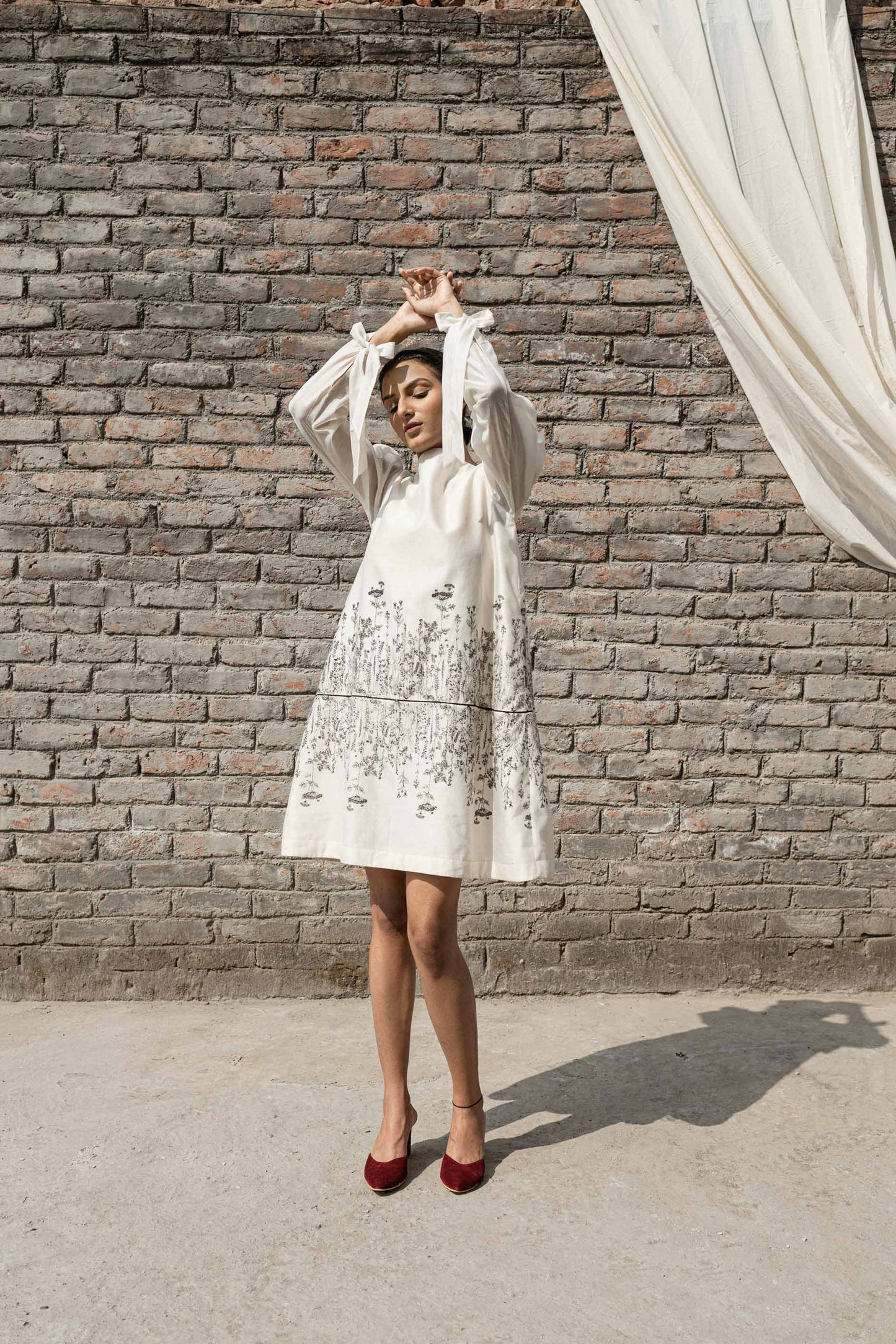 White Chanderi Mini Dress by Ahmev with Best Selling, Casual Wear, Chanderi, FB ADS JUNE, Ink And Ivory by Ahmev, Mini Dresses, Prints, Relaxed Fit, White, Womenswear at Kamakhyaa for sustainable fashion