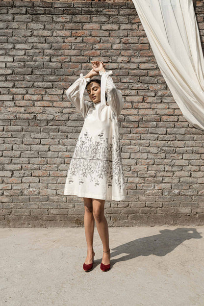 White Chanderi Mini Dress by Ahmev with Best Selling, Casual Wear, Chanderi, FB ADS JUNE, Ink And Ivory by Ahmev, Mini Dresses, Prints, Relaxed Fit, White, Womenswear at Kamakhyaa for sustainable fashion