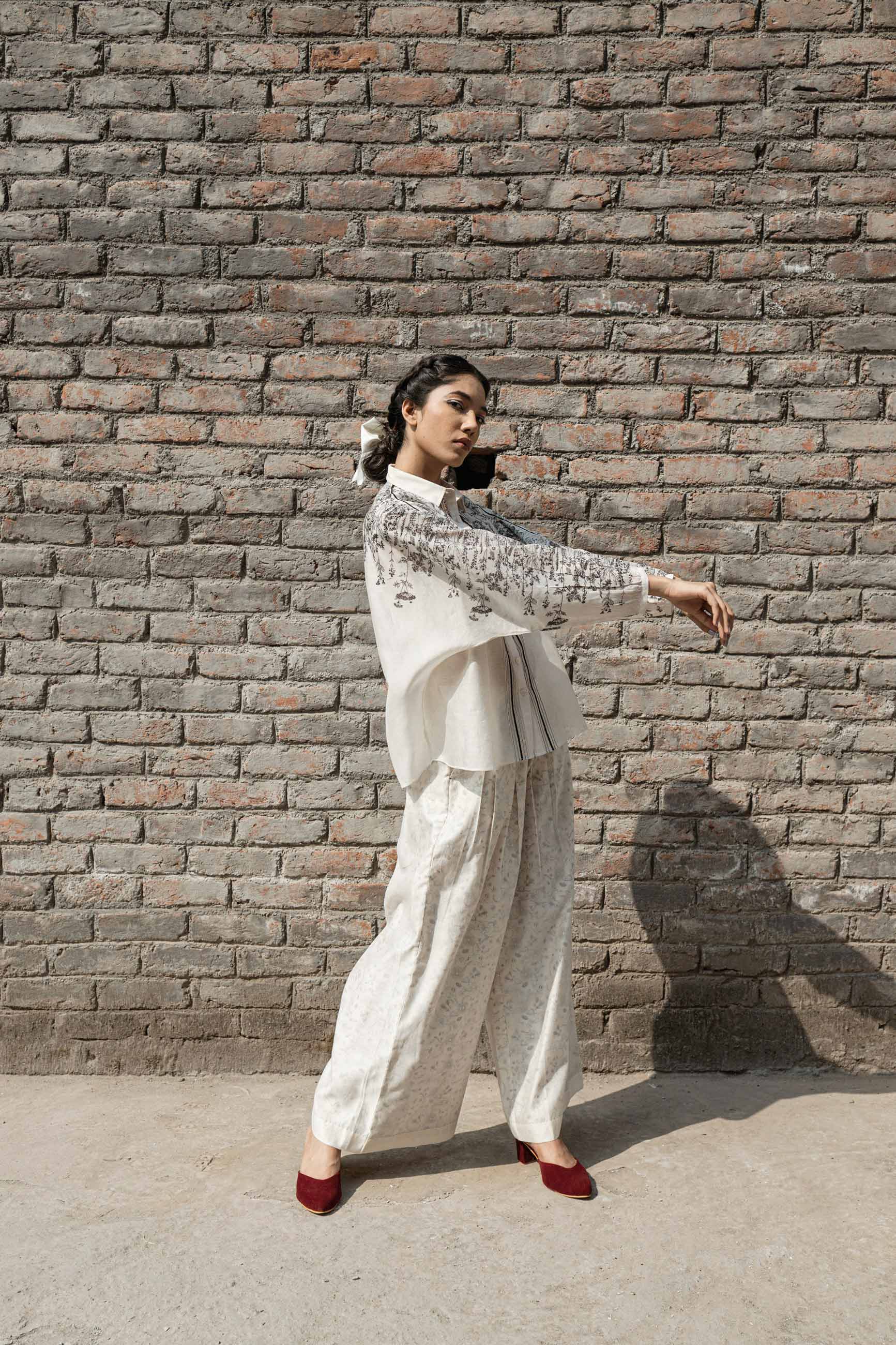 White Chanderi Shirt by Ahmev with Casual Wear, Chanderi, Ink And Ivory by Ahmev, Prints, Relaxed Fit, Shirt, Shirts, White, Womenswear at Kamakhyaa for sustainable fashion