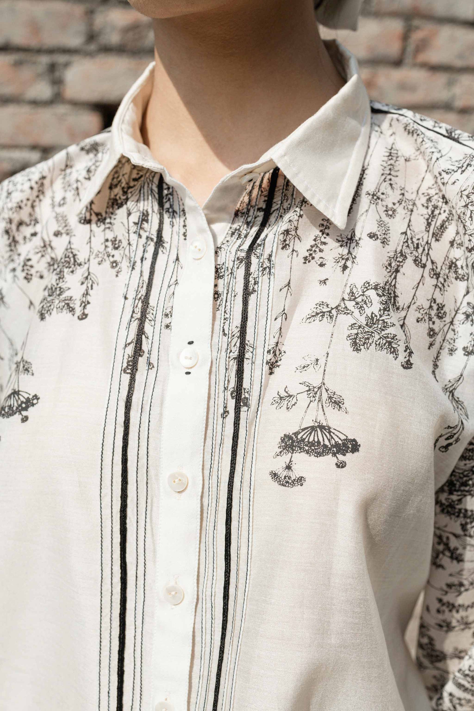 White Chanderi Shirt by Ahmev with Casual Wear, Chanderi, Ink And Ivory by Ahmev, Prints, Relaxed Fit, Shirt, Shirts, White, Womenswear at Kamakhyaa for sustainable fashion