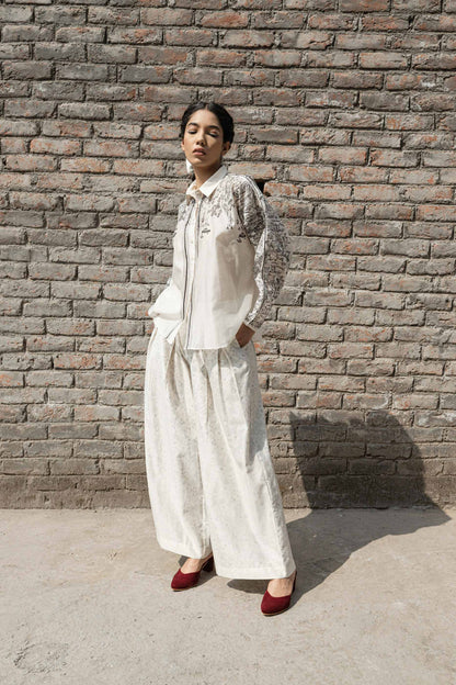 White Chanderi Shirt by Ahmev with Casual Wear, Chanderi, Ink And Ivory by Ahmev, Prints, Relaxed Fit, Shirt, Shirts, White, Womenswear at Kamakhyaa for sustainable fashion