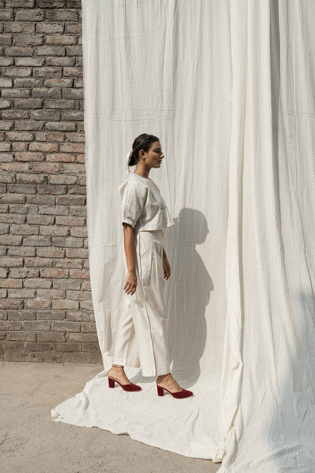 White Classic Pants by Ahmev with Casual Wear, Chanderi, Ink And Ivory by Ahmev, Pants, Prints, Relaxed Fit, White, Womenswear at Kamakhyaa for sustainable fashion